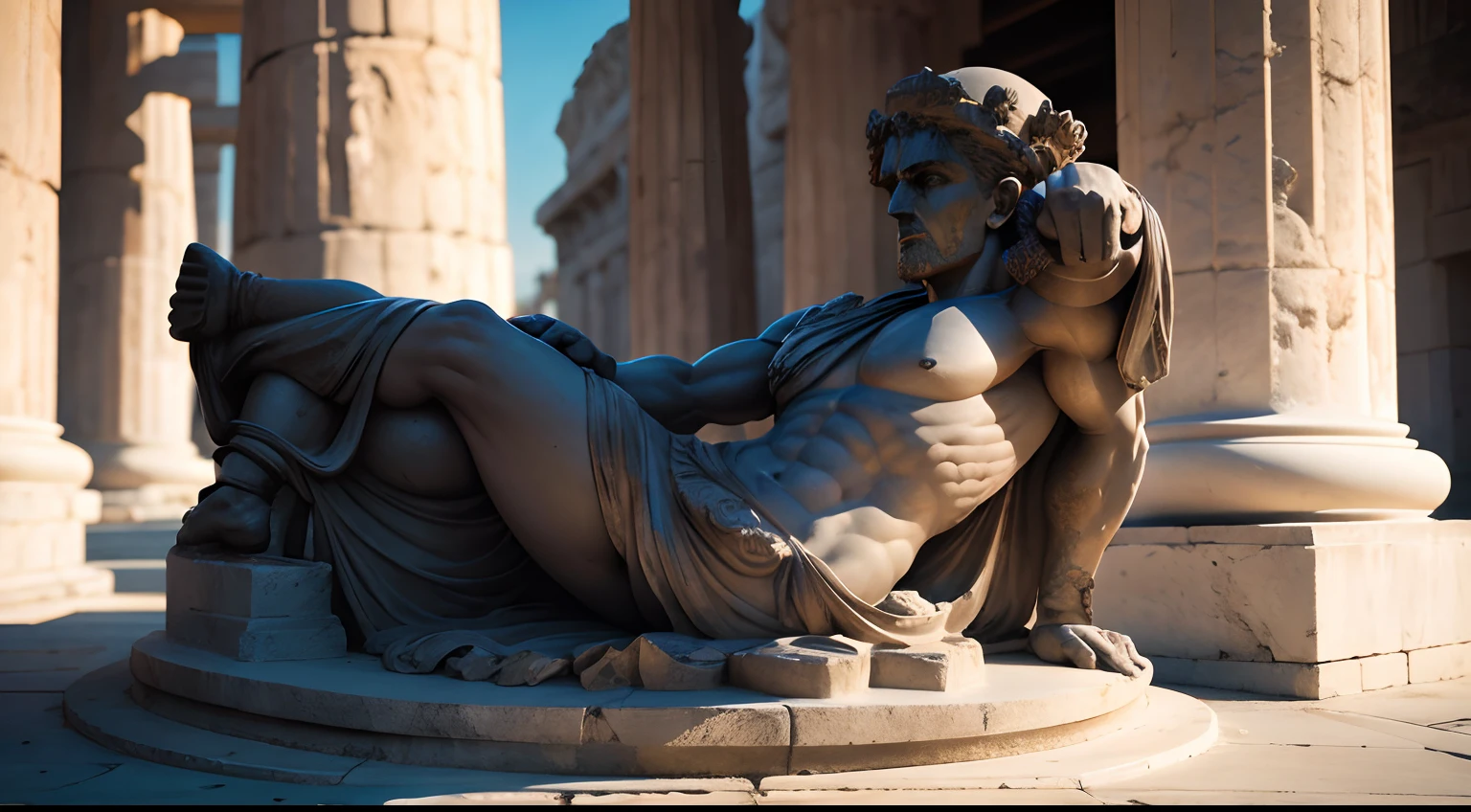 Ancient Greek statue with angry expression, Outside, com rosto extremamente detalhado, full body view, Colors with low saturation with dark tone, Filmado em Sony A7S III com Sony FE 35mm f/1.8, 12.1 MP, --AR 3:2 --estilo cru