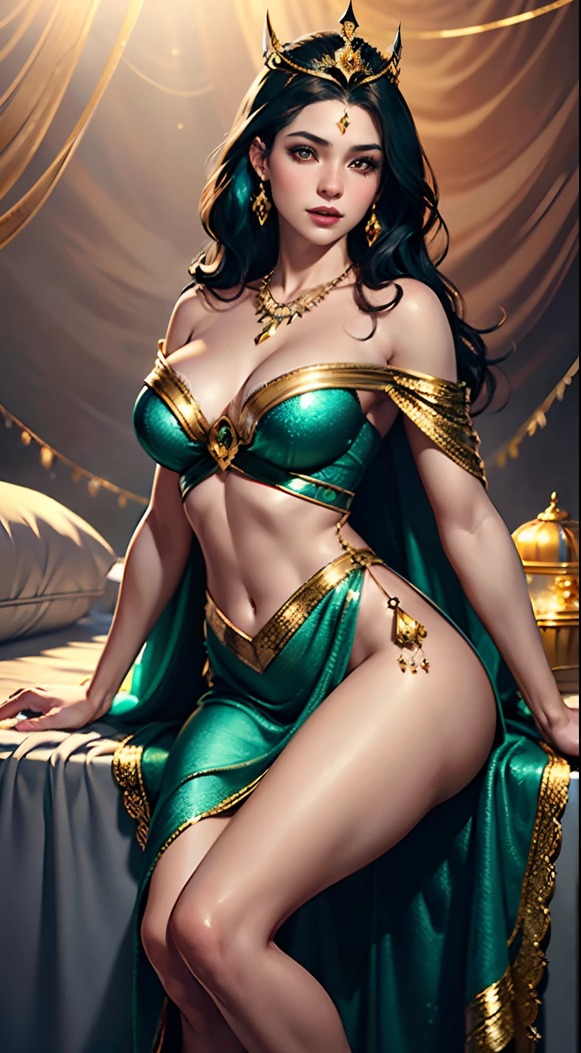 (concept art), masterpiece, best quality, photorealistic, 8k raw photo, a portrait half-body photograph by Tom Bagshaw, tarot card style, [:(detailed face:1.2):0.2], absurdres iris textures, facing viewer, cowboy shot, (photorealistic:1.5), perfect body, 
a beautiful girl pureerosface_v1, smiling, ankle high heels, wearing transparent black off_shoulder_bandage_dress with gold ornaments and crown, necklace, armband, navel ring, transparent heavy lace cloak made of swan feathers, big boobs, green eyes, long legs, long green hair, rim lighting, lying on bed inside a silky luxurious tent, treasure chests, hills, rainforest, blue sky, clouds, sun style-hamunaptra, DarkFantasy