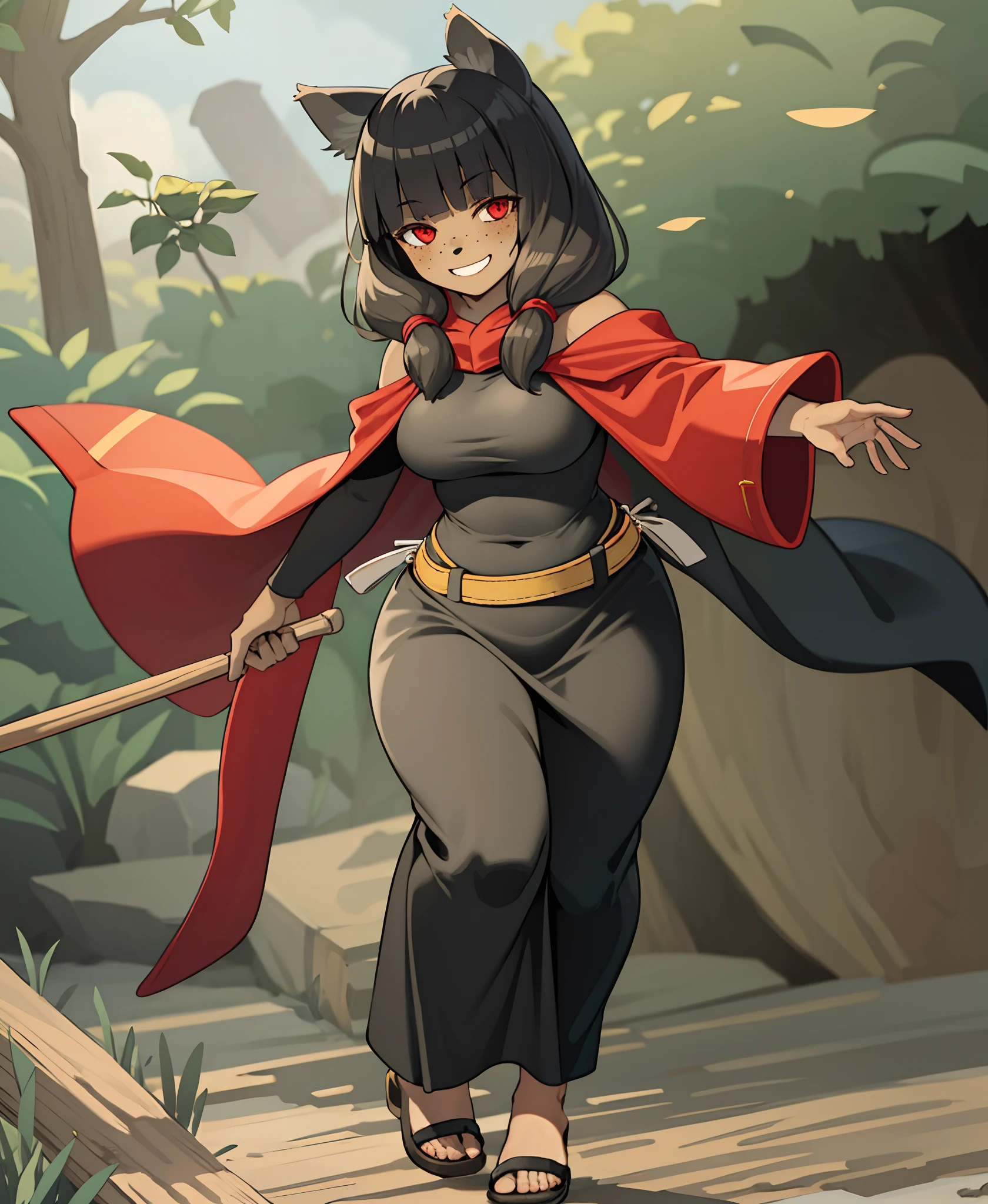 girl, dark skin, smile, cat ears, bangs, long hair, freckles, full body, ,, red eyes, hood , cloak, yellow cloths, full body, flipflops, long skirt, pants