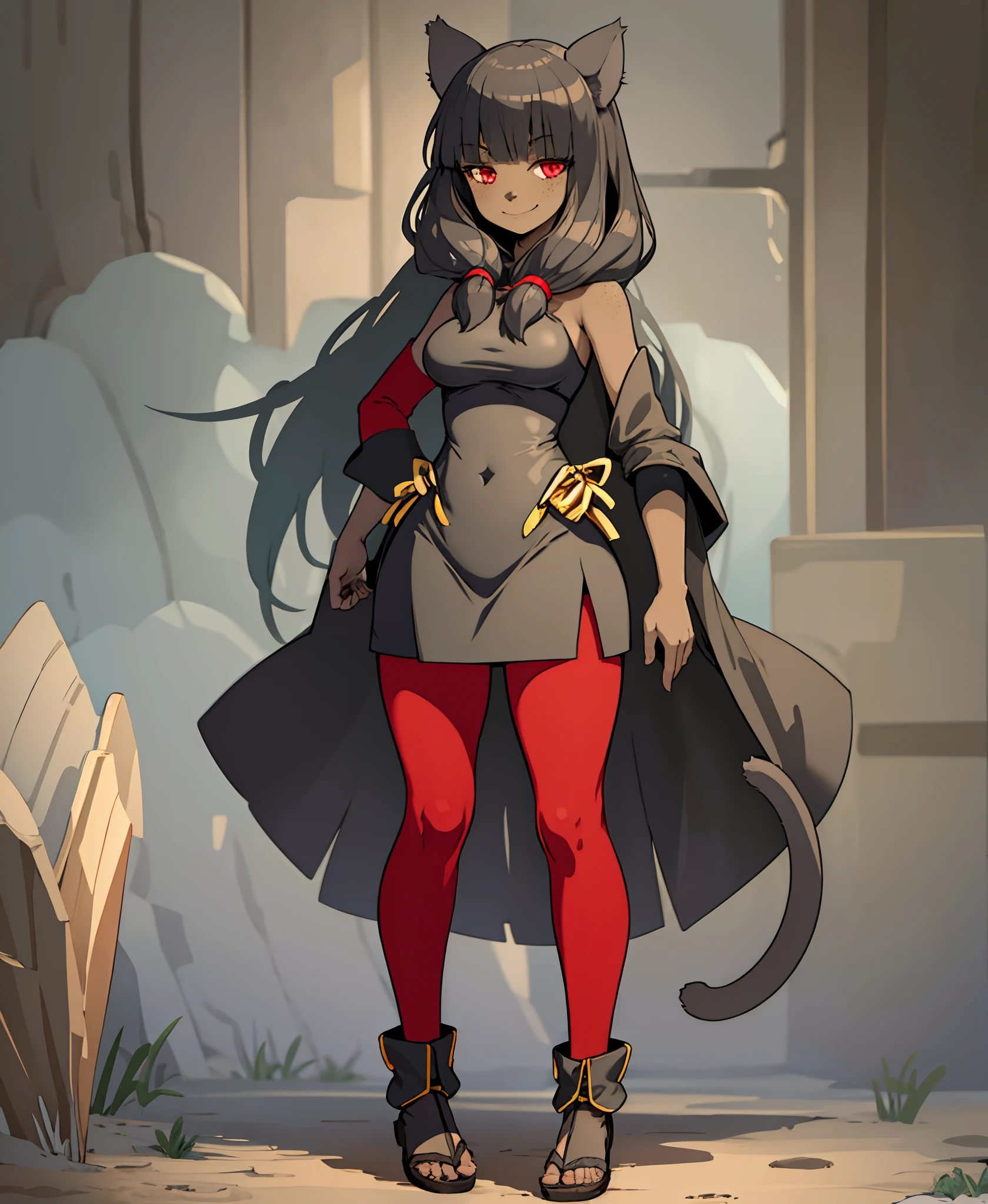 girl, dark skin, smile, cat ears, bangs, long hair, freckles, full body, ,, red eyes, hood , cloak, yellow cloths, full body, flipflops, long skirt, pants