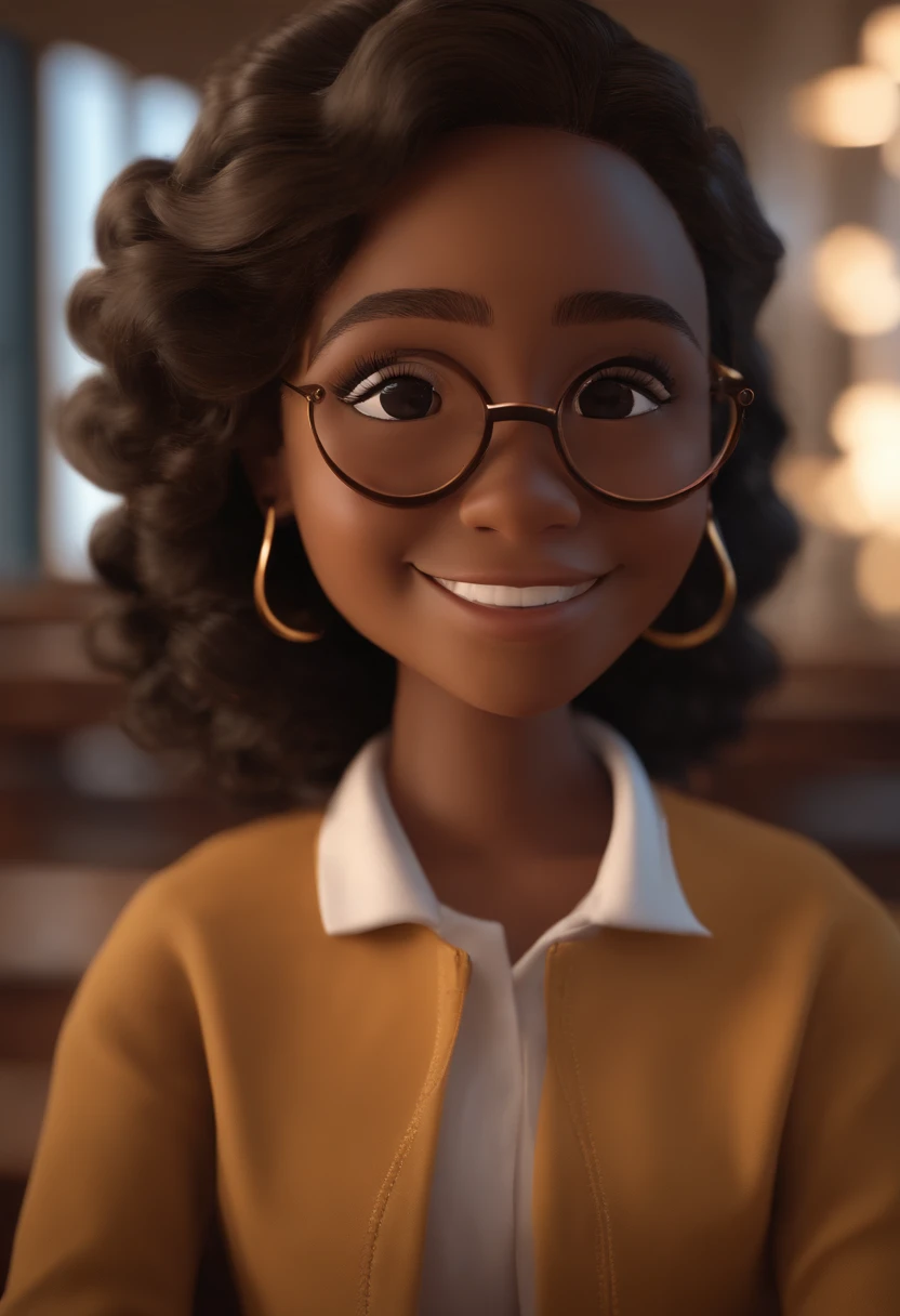 profesora de primaria latina, dark complexion, sonriendo, usando lentes de color dorado, cabello lacio color negro, ojos marrones claros, en plena clase, estilo anime, 3d