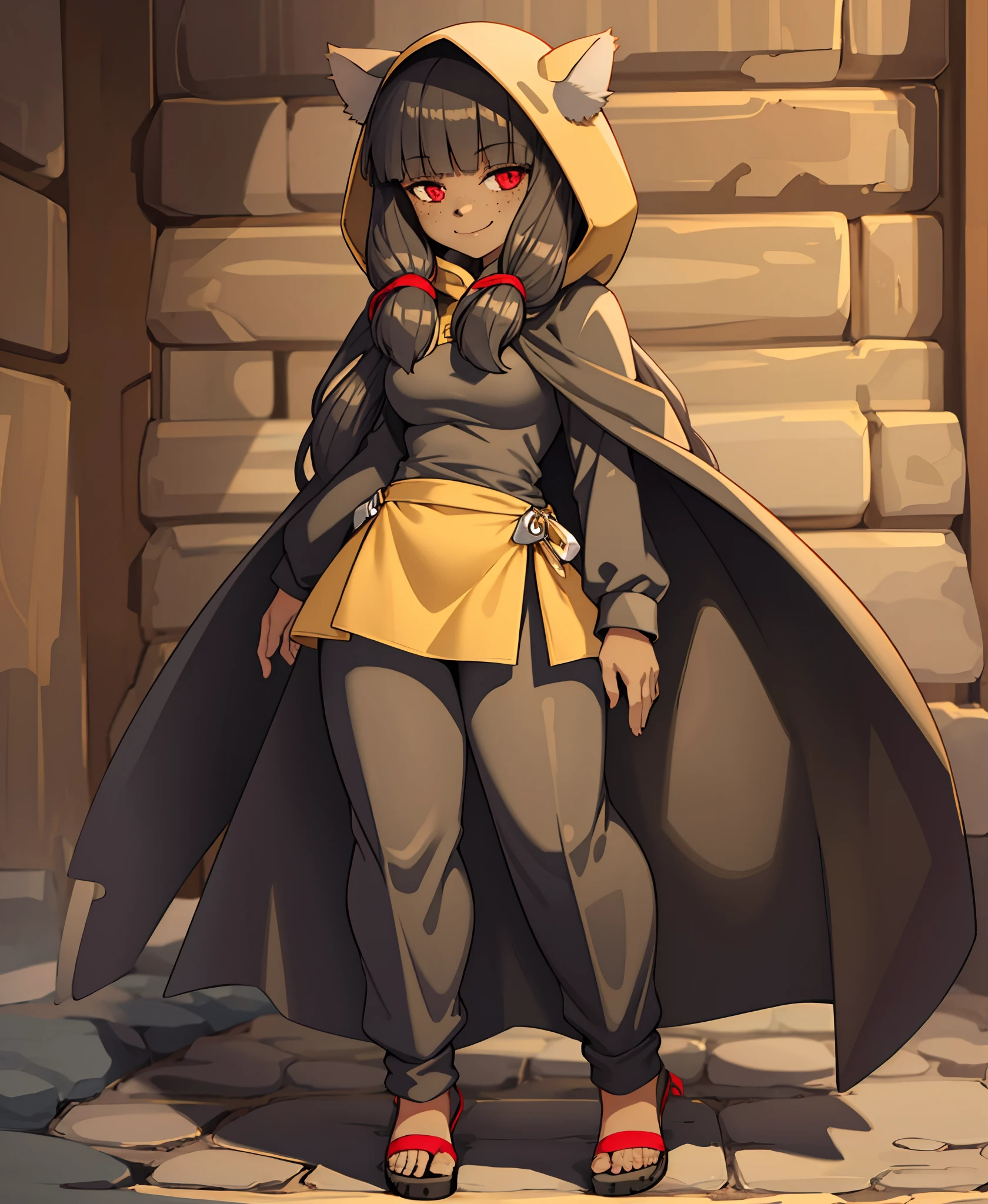 girl, dark skin, smile, cat ears, bangs, long hair, freckles, full body, ,, red eyes, hood , cloak, yellow cloths, full body, flipflops, long skirt, pants