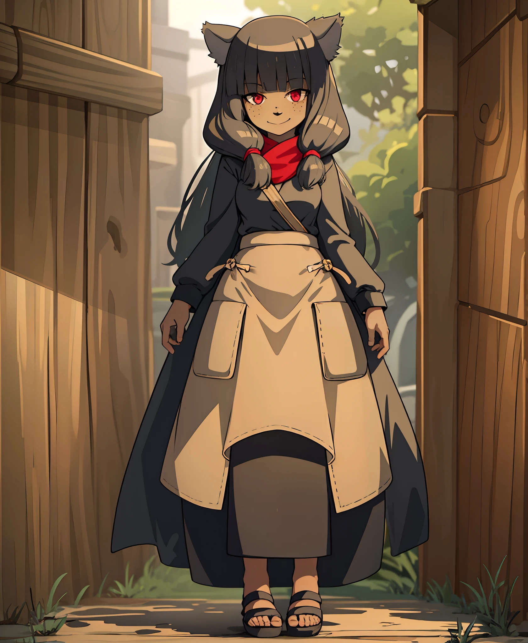 girl, dark skin, smile, cat ears, bangs, long hair, freckles, full body, ,, red eyes, hood , cloak, yellow cloths, full body, flipflops, long skirt, pants