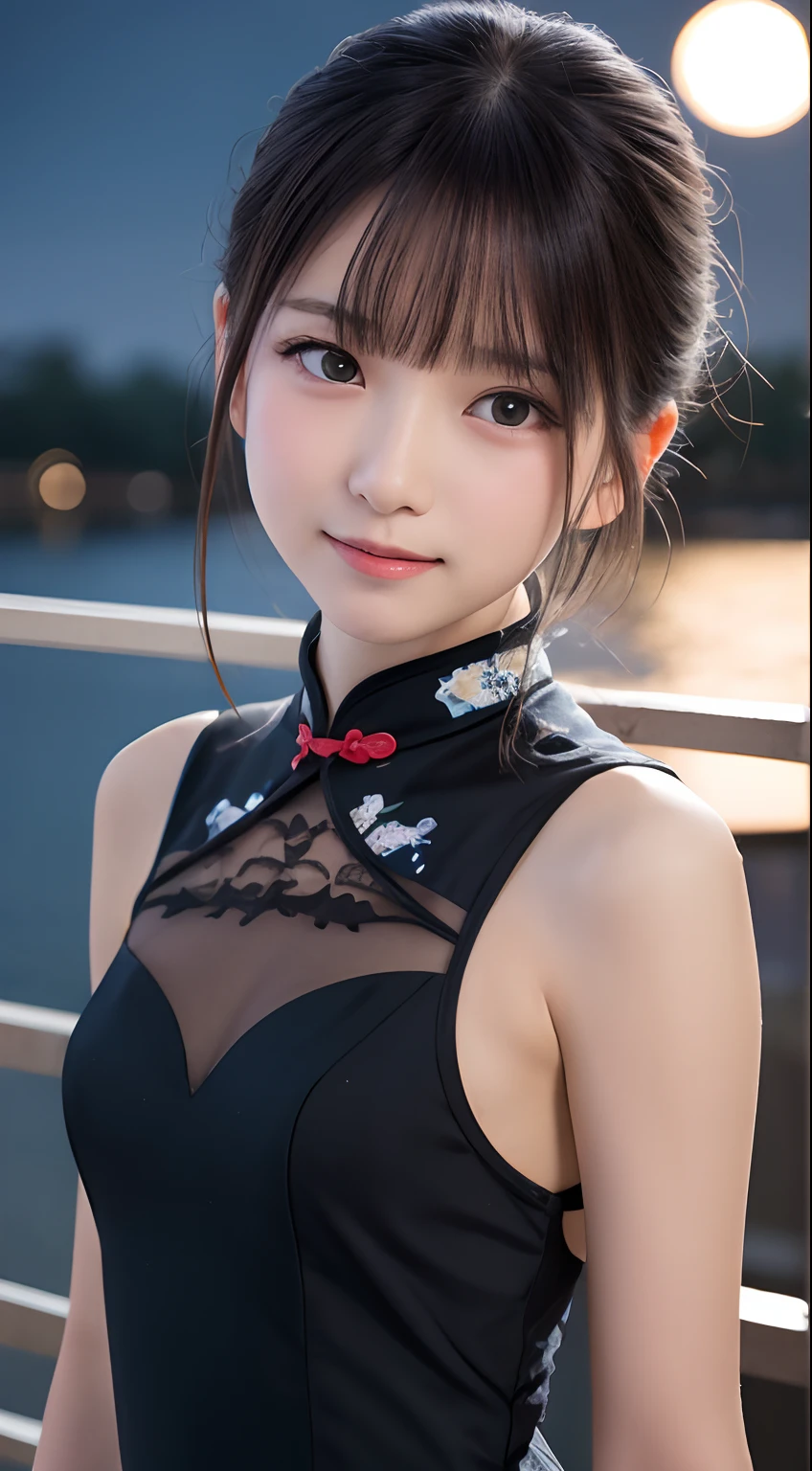 masutepiece, Best Quality, 8K, ers old, Teen, Raw photo, absurderes, award winning portrait, Smile, Solo, (Night:1.8), Idol face, violaceaess, Delicate girl, Upper body, Digital SLR, Looking at Viewer, Candid, Sophisticated,Thin arms, Professional Lighting, Film grain, chromatic abberation, (Eyes and faces with detailed:1.0), (Bokeh:1.1) , (qipao dress:1.1) , closes mouth