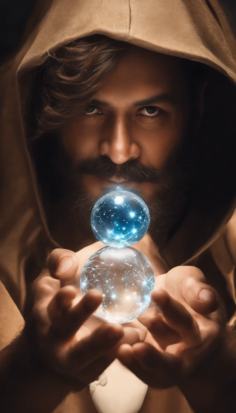 35-year-old middle-aged Asian man，Cabelos longos e penteados，barba longa，Holding a glowing sphere in both hands，staring directly at camera，Medita de pernas cruzadas, no centro，clear facial features，cores muito brilhantes, light particle, com luz brilhante, Mushhiv, Arte do papel de parede, UHD wallpapers
