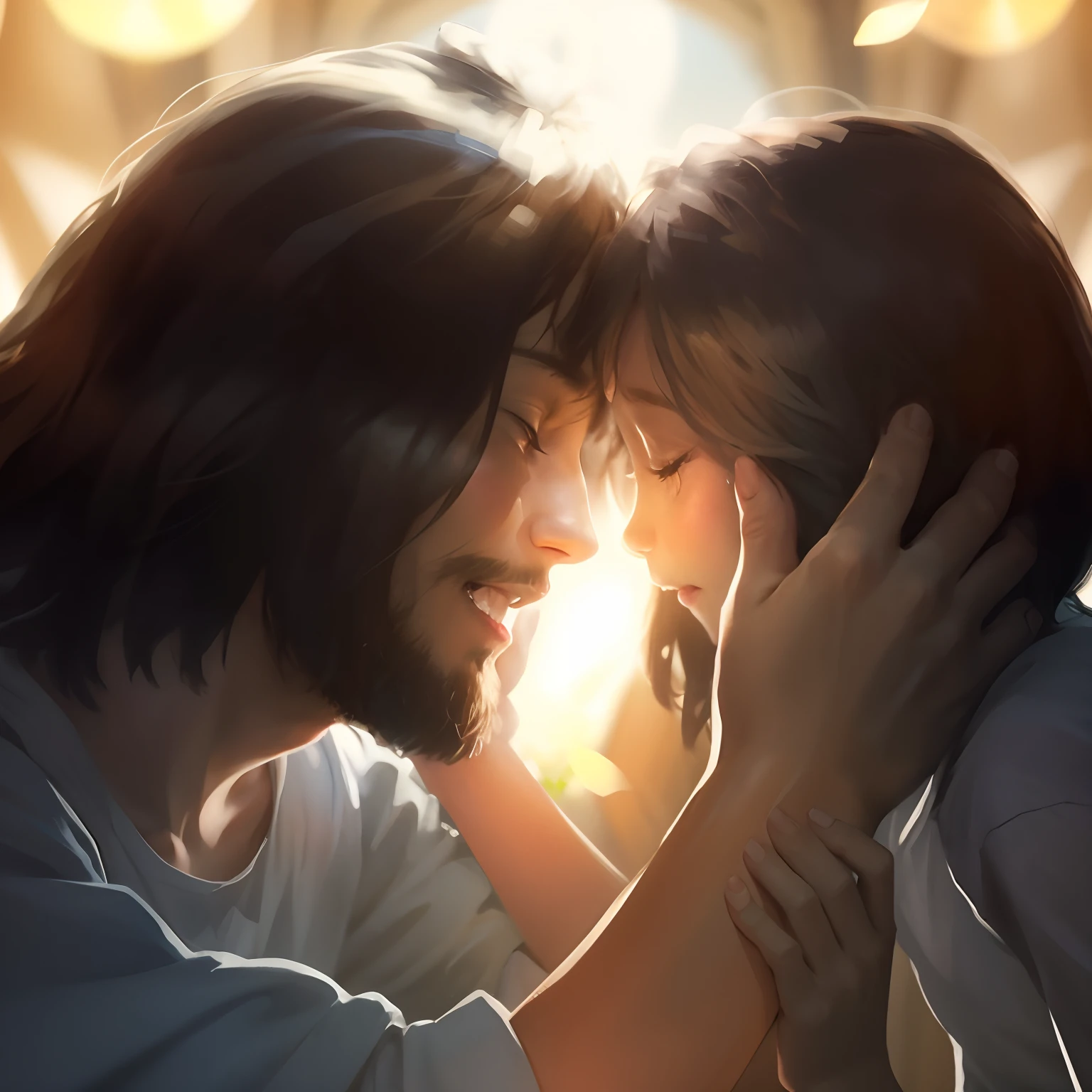 jesus and a woman embracing in the light of the cross, jesus hugging a woman, beautiful depiction, rendered, emotional concept art, awesome, fan art, emotional picture, beautiful image ever created, glorious light, by Aleksander Gierymski, concept art of love, bible illustration, bottom angle, jesus kissing a maria maddalena, highly rendered --auto --s2