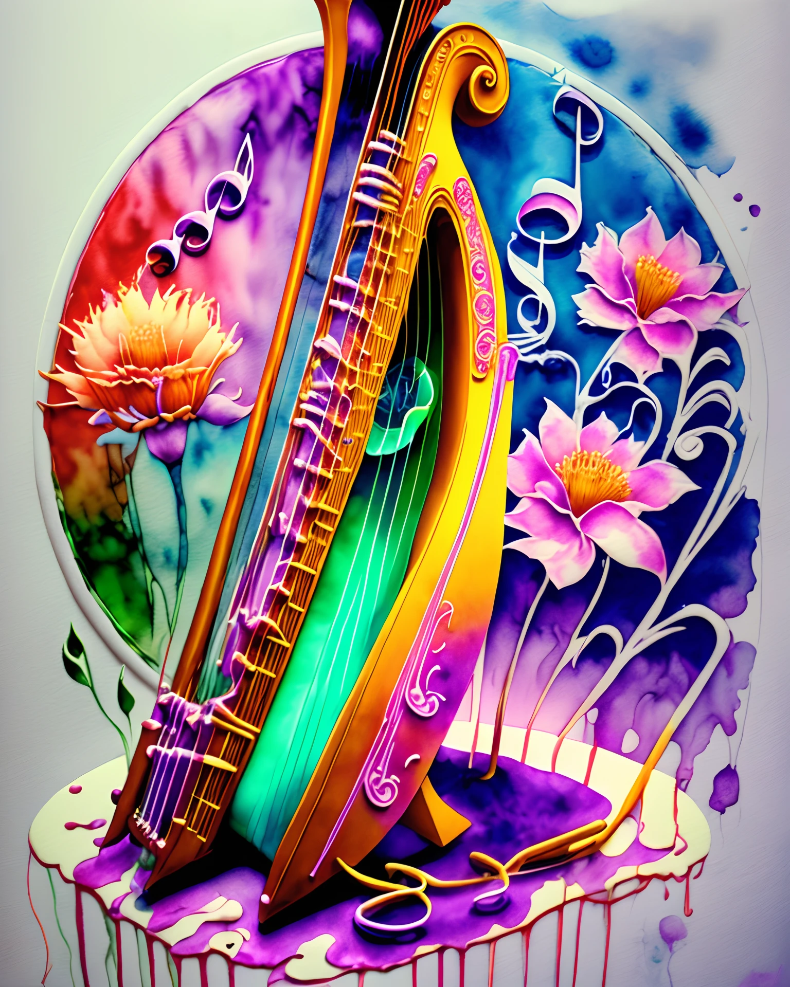 Musicuans art neon 3d in concert, harp and cello and violin whith flowers multicolor aquarela