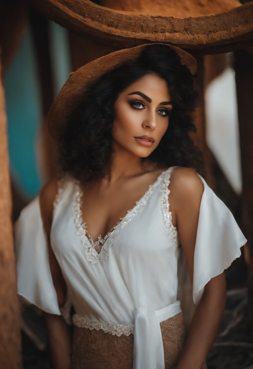 Mujer joven morena cejas delgadas,ojos grandes cabello negro largo