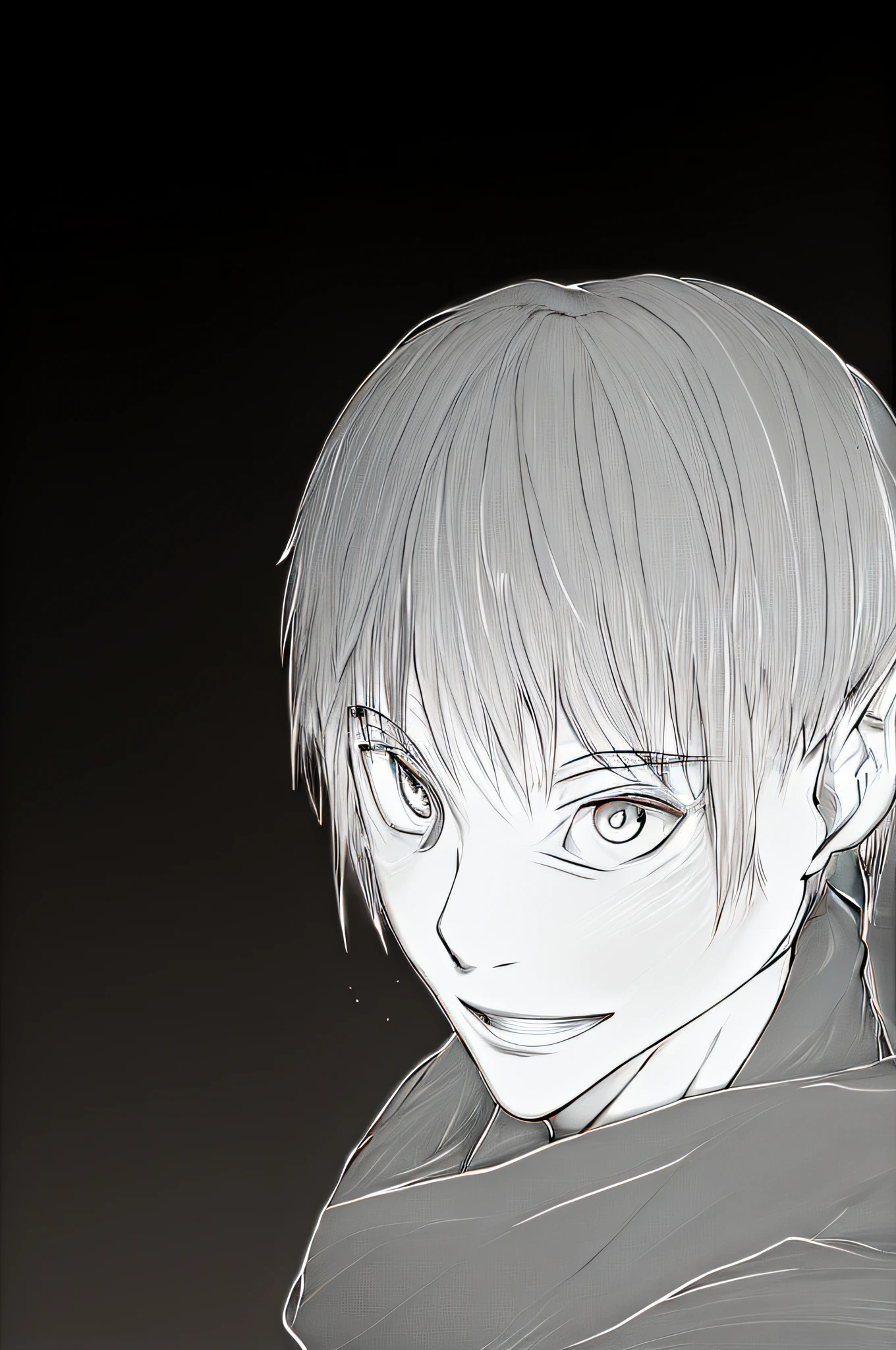 Anime boy with a smile on his face and a scarf around his neck., Clean anime outline, Simple linear art, Linear Art Thick, Rich line art, Clean straight lines, Perfect LineArt, Ball Linear Art, Anime soft face details, Thick black lines, lineart, Sharp straight lines, Anime faces in detail, Elven character with a smile, His manga portrait