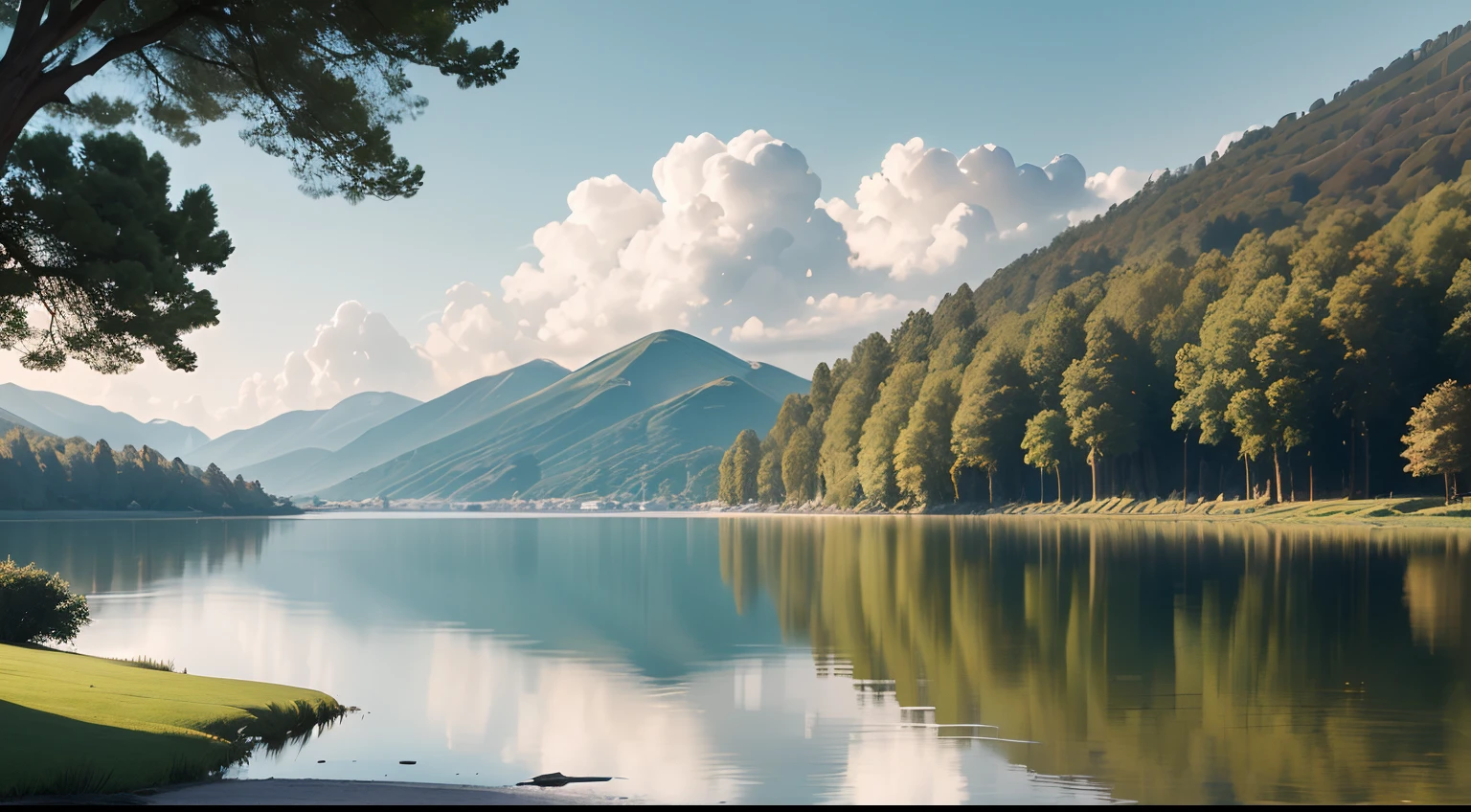 Seneca, pensativo, Next to a tranquil lake on a calm morning