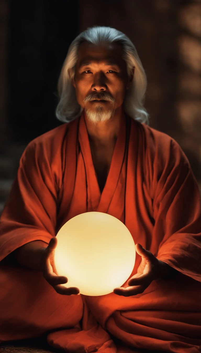 Close-up of a 30-year-old middle-aged Asian man，Holding a glowing ball in your hand,Longas, whitish hair，barba Longasa，Cross-legged sitting meditation ignites the aura of magic around you，taoist master,taoist