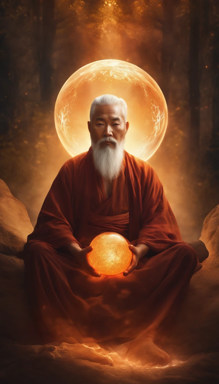 Close-up of a 30-year-old middle-aged Asian man,Holding a glowing ball in your hand,Longas, whitish hair,barba Longasa,Cross-legged sitting meditation ignites the aura of magic around you,taoist master,taoist