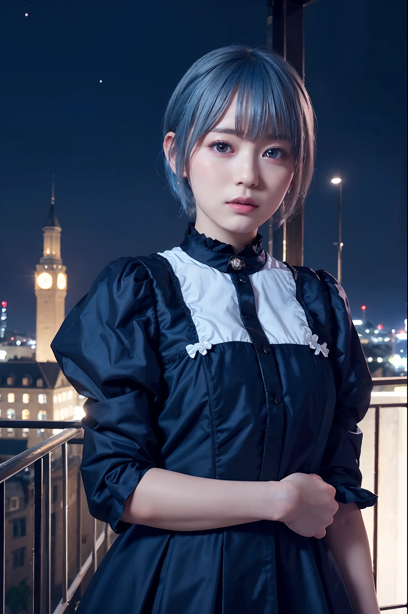 ((masterpiece)), ((best quality)), (ultra-detailed), ((kawaii)), cute, (lovely), city, town, Starry sky, a cute girl, 1girl, solo, gothic ta costume, beautiful light blue hair0, ((beautiful eyes)), short hair, cool