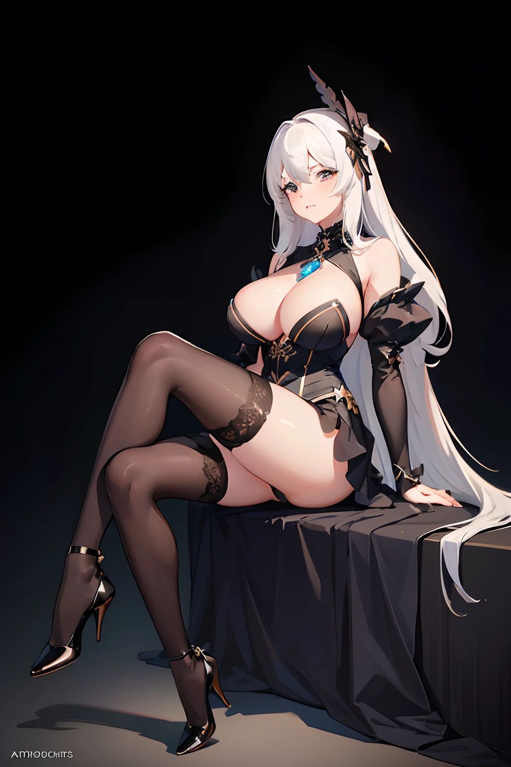 Hyper-Realistic 1Girl, lange lila Haare, big boobs, schwarzes kurzes Kleid, Black Lence stockings, ArtStation, Hochdetailliertes Gesicht, Cute Face 4K, awards winning, auf dem Bettrand sitzend, Legs and feet sexy