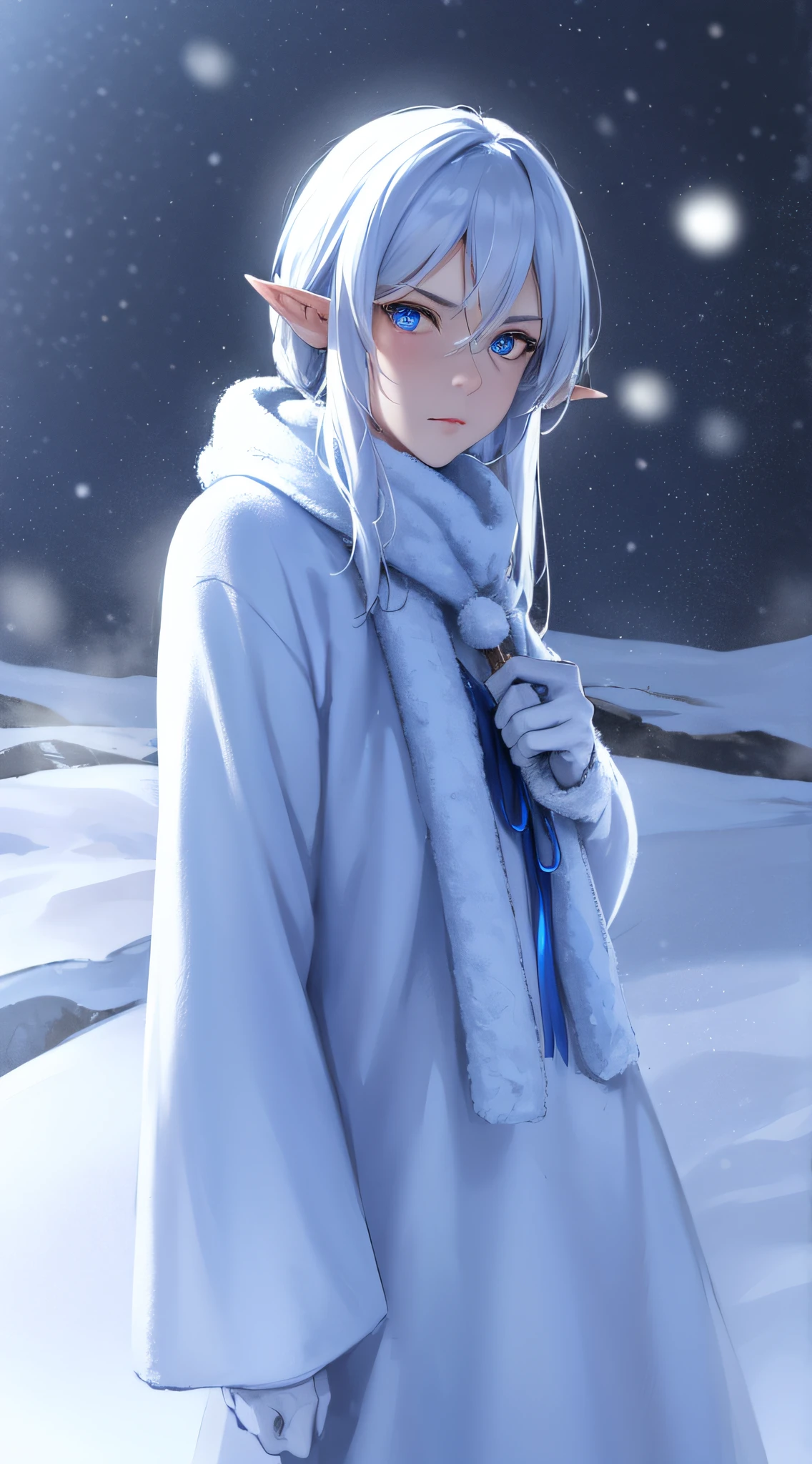 Snow elf man is serious, Shiny blue eyes, in the mountains, There's a snowstorm all around, Blue Lights, tinsel