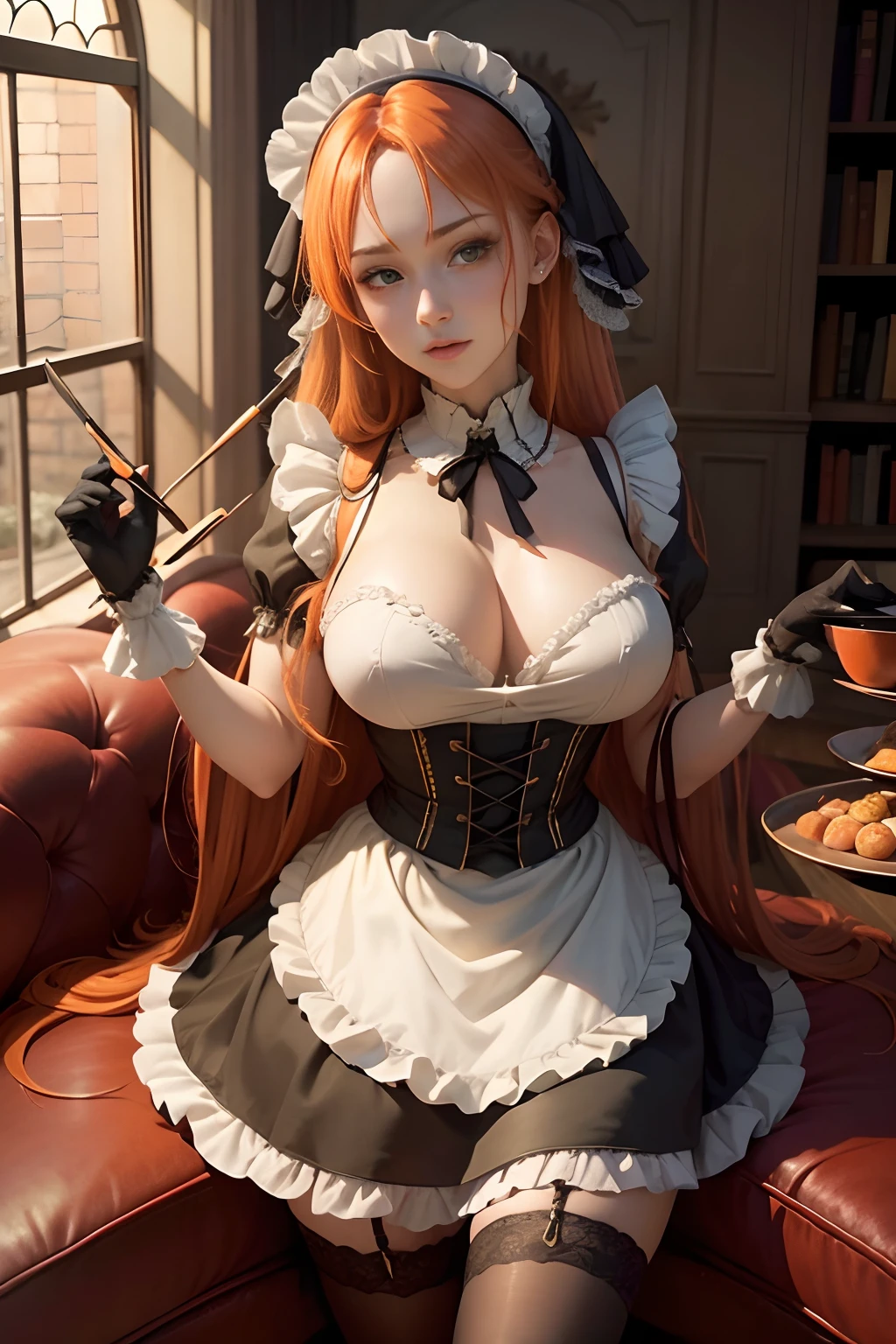/draw apron orange_hair green_eyes breasts breasts_out couch dress female frills gloves highres koruse large_breasts long_hair looking_at_viewer lying maid maid_apron maid_headdress no_panties original solo gloves pantyhose HD UHD HQ