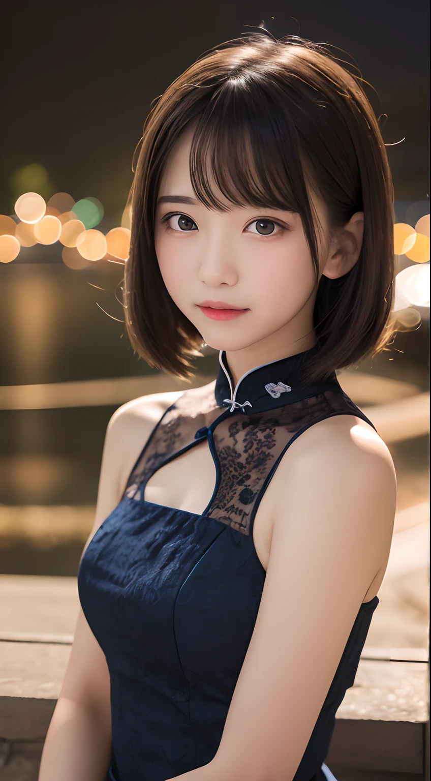masutepiece, Best Quality, 8K, 10yaers old, Teen, Raw photo, absurderes, award winning portrait, Smile, Solo, (Night:1.8), Idol face, violaceaess, Delicate girl, Upper body, Digital SLR, Looking at Viewer, Candid, Sophisticated,Thin arms, Professional Lighting, Film grain, chromatic abberation, (Eyes and faces with detailed:1.0), (Bokeh:1.1) , (qipao dress:1.1) , closes mouth