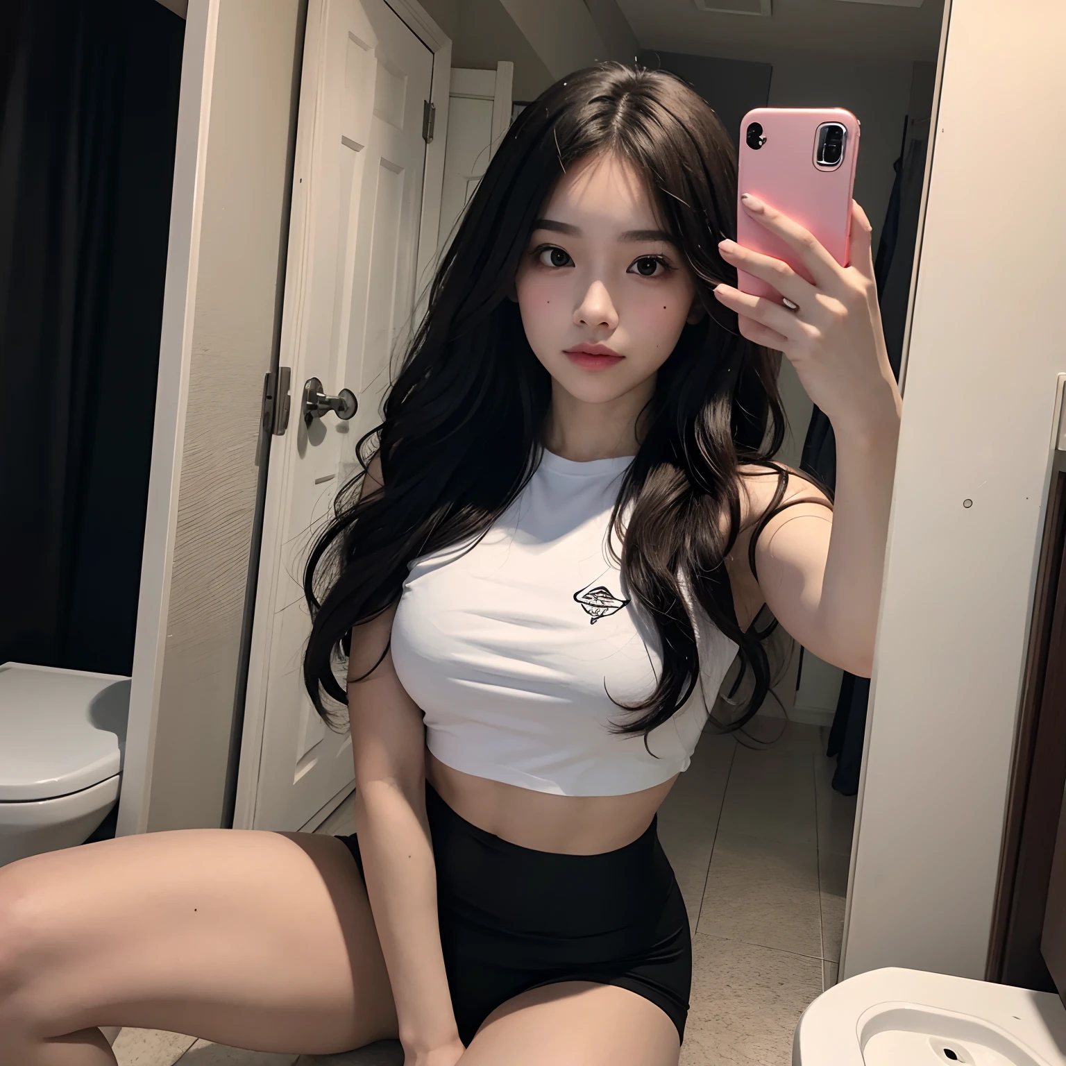 Uma linda japonesa extremamente fofa cabelo curto rosa, ela tem as pupilas do olho rosa, seios nus, DDIM, DDIM, seio pequeno, visible sinus, She's sitting with her legs apart and her knees bent taking a selfie in front of the bathroom mirror, rosto ultra detalhado, rosy lips, bochecha rosada, sozinho, She's wearing a pair of tight black legging shorts, qualidade 8k 16k, Detailed body traces, sorrir