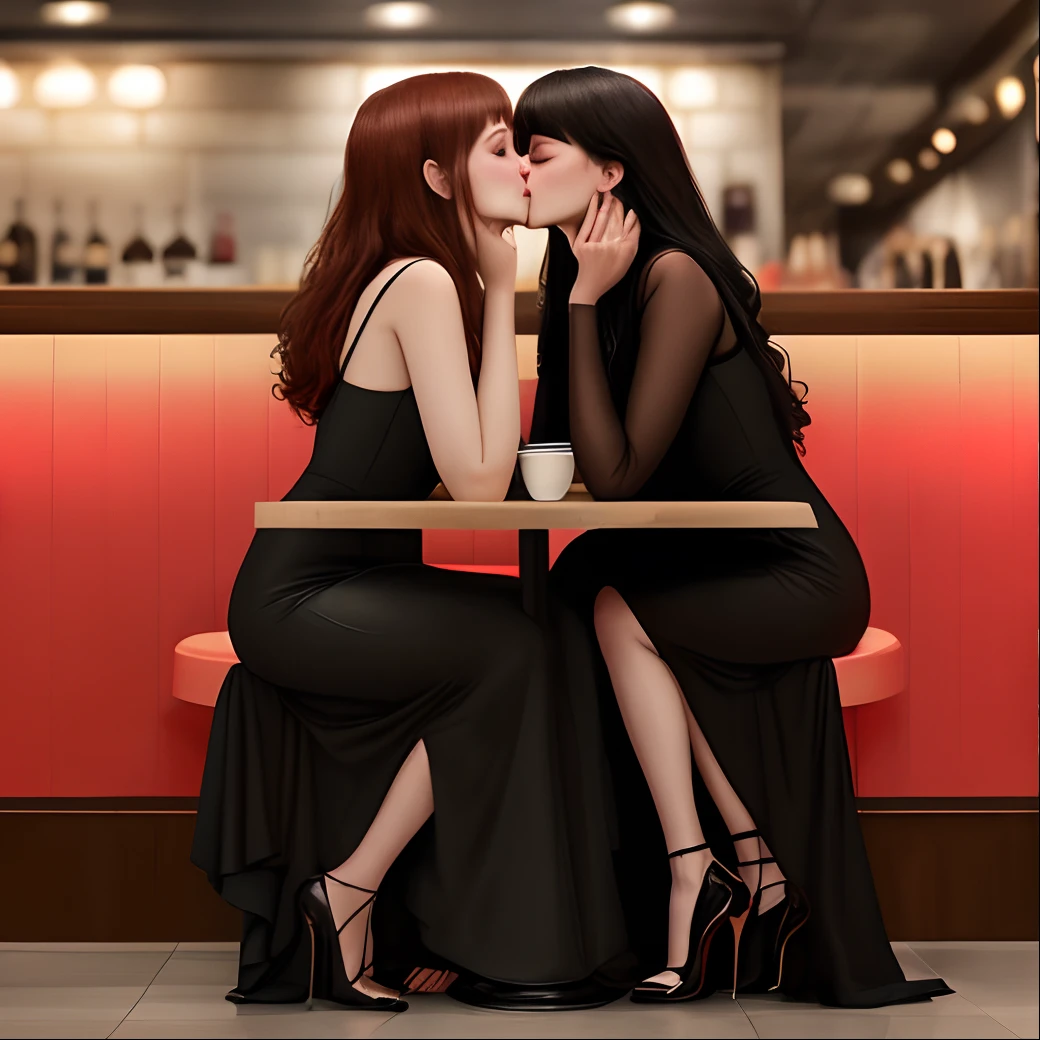 2 women wearing dresses and high heels, kissing in a restaurant