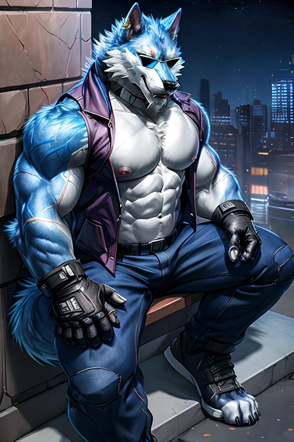 2d, masterpiece, best quality, 4k, 8k, ultra highres, raw photo in hdr, sharp focus, photo realism, real life like, detailed background, wolf anthro,(Freddy sit against a wall), (sunglasses, blue fur, gloves), vest, (big pink nipples, abs), muscular male, in a night city, detailed background, hi res, (by null-ghost, by thebigslick, by darkgem, by honovy),