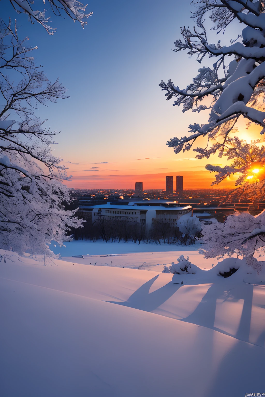 (best quality,4k,8k,highres,masterpiece:1.2),ultra-detailed,(realistic,photorealistic,photo-realistic:1.37),the last sunset before leaving,winter sky at sunset,soft colors,pink orange,blue,mist,rows of trees and buildings,peaceful atmosphere,serene winter landscape,subtle hues,receding sunlight,golden hour,quiet streets,gentle breeze,kiss of warmth,city silhouette,icy branches,elegant architecture,wistful mood,majestic skyline,little snowflakes dancing.