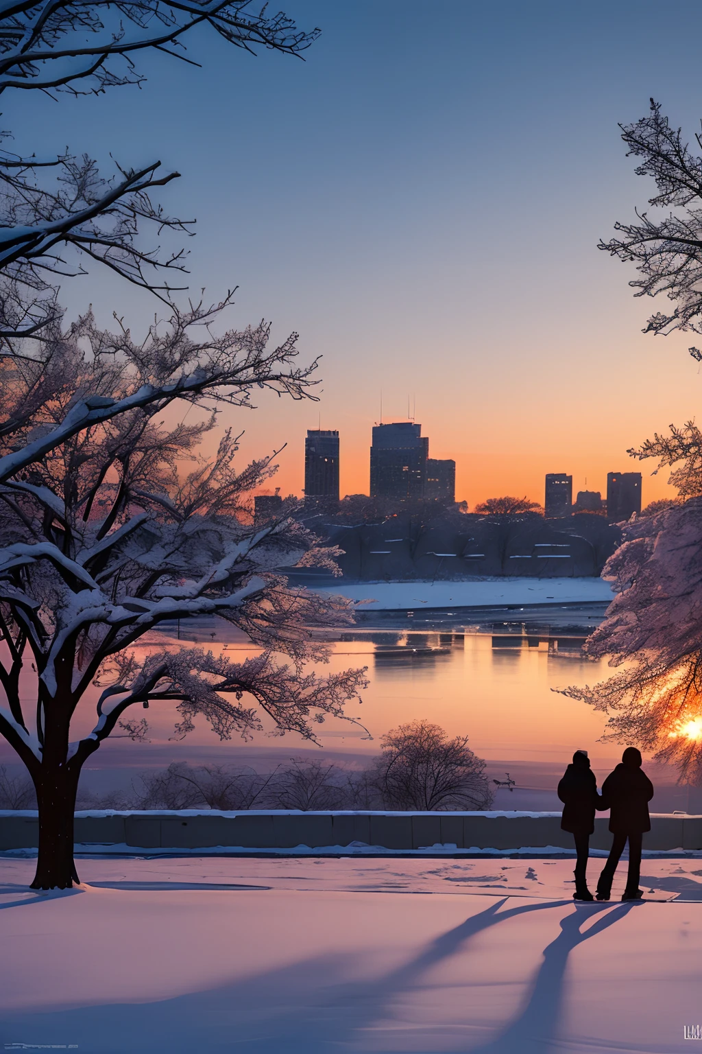 (best quality,4k,8k,highres,masterpiece:1.2),ultra-detailed,(realistic,photorealistic,photo-realistic:1.37),the last sunset before leaving,winter sky at sunset,soft colors,pink orange,blue,mist,rows of trees and buildings,peaceful atmosphere,serene winter landscape,subtle hues,receding sunlight,golden hour,quiet streets,gentle breeze,kiss of warmth,city silhouette,icy branches,elegant architecture,wistful mood,majestic skyline,little snowflakes dancing.