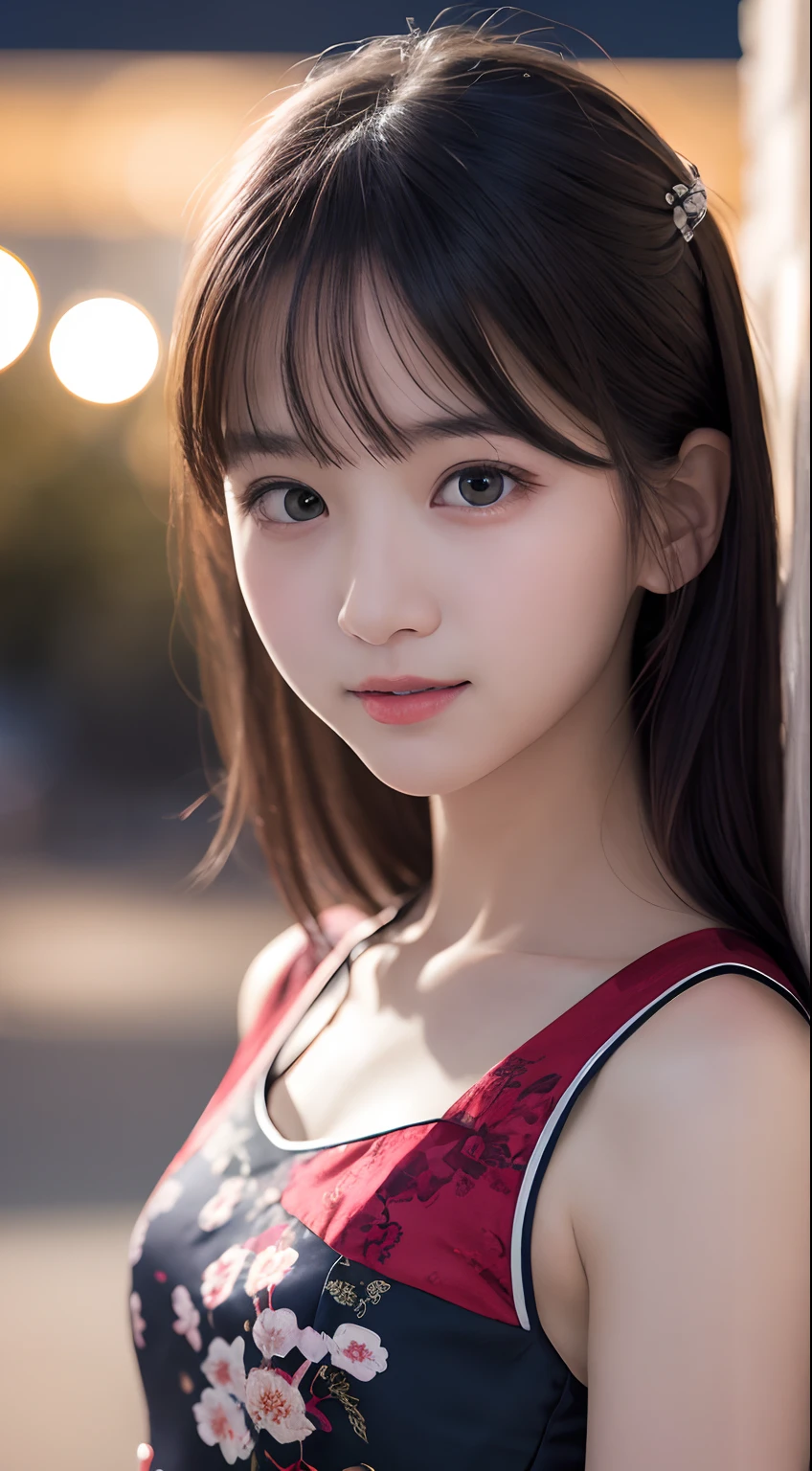 masutepiece, Best Quality, 8K, 10yaers old, Teen, Raw photo, absurderes, award winning portrait, Smile, Solo, (Night:1.8), Idol face, violaceaess, Delicate girl, Upper body, Digital SLR, Looking at Viewer, Candid, Sophisticated,Thin arms, Professional Lighting, Film grain, chromatic abberation, (Eyes and faces with detailed:1.0), (Bokeh:1.1) , (qipao dress:1.1) , closes mouth