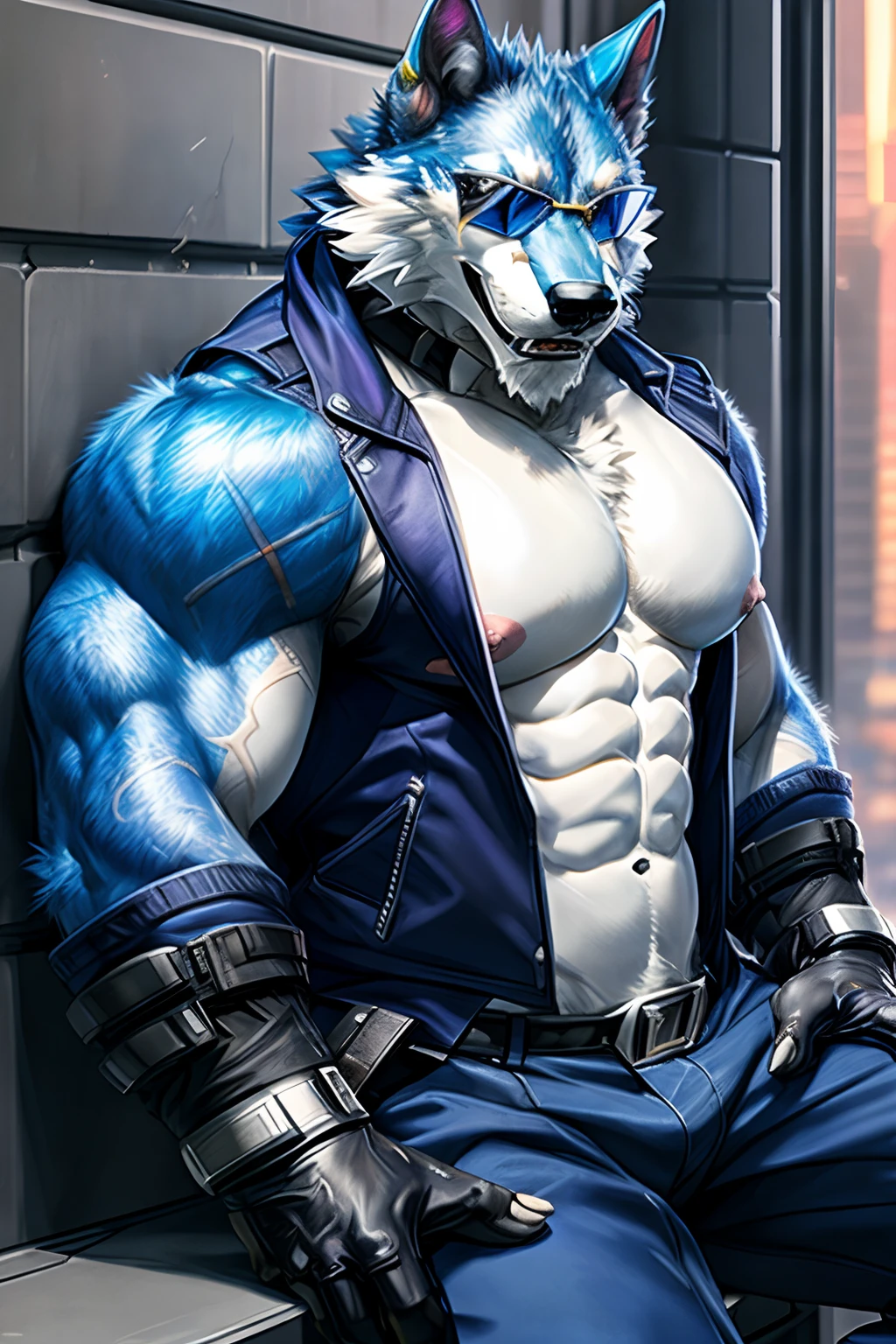 2d, masterpiece, best quality, 4k, 8k, ultra highres, raw photo in hdr, sharp focus, photo realism, real life like, detailed background, wolf anthro,(Freddy sit against a wall), (sunglasses, blue fur, gloves), vest, (big pink nipples, abs), muscular male, in a night city, detailed background, hi res, (by null-ghost, by thebigslick, by darkgem, by honovy),