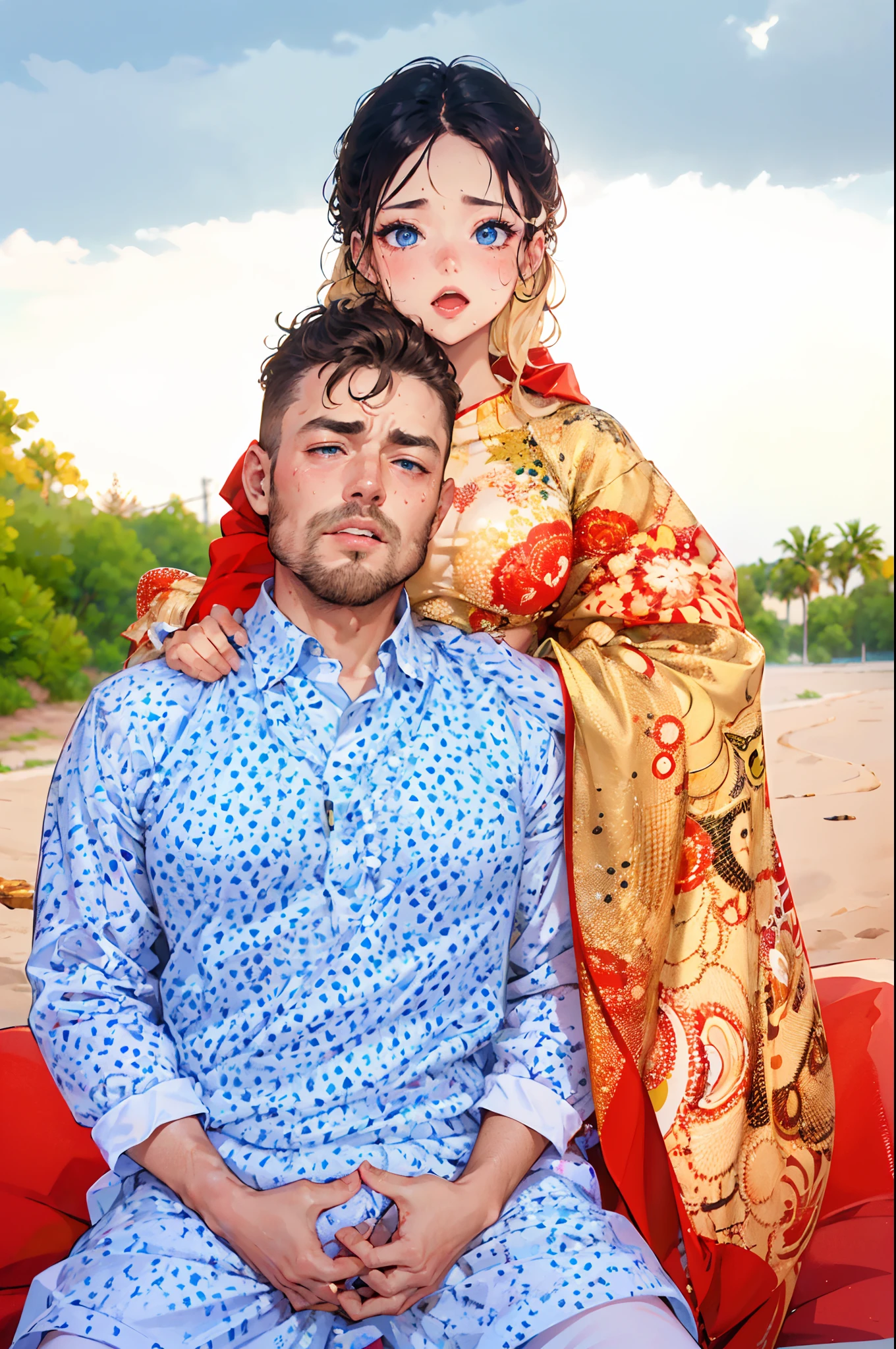 Summer sea, sexy girl, white transparent slingshot swimsuit, handsome man hugging her from behind, talking in her ear, lifting her, 40k, photo, masterpiece, top quality, (1 girl's blue eyes and blonde hair immediately curled with open legs), an elderly man leans on her from behind and picks her up, wide-eyed, sticks out tongue,-tongue, crazy, opens mouth, screams, ahe face, rough breathing, blush, sweat,