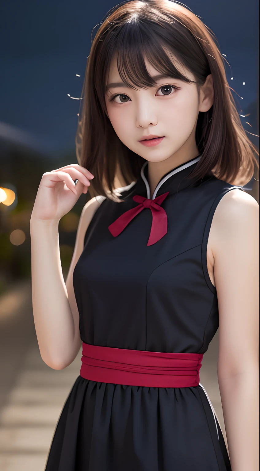masutepiece, Best Quality, 8K, 10yaers old, Teen, Raw photo, absurderes, award winning portrait, Smile, Solo, (Night:1.8), Idol face, violaceaess, Delicate girl, Upper body, Digital SLR, Looking at Viewer, Candid, Sophisticated,Thin arms, Professional Lighting, Film grain, chromatic abberation, (Eyes and faces with detailed:1.0), (Bokeh:1.1) , (qipao dress:1.1) , closes mouth