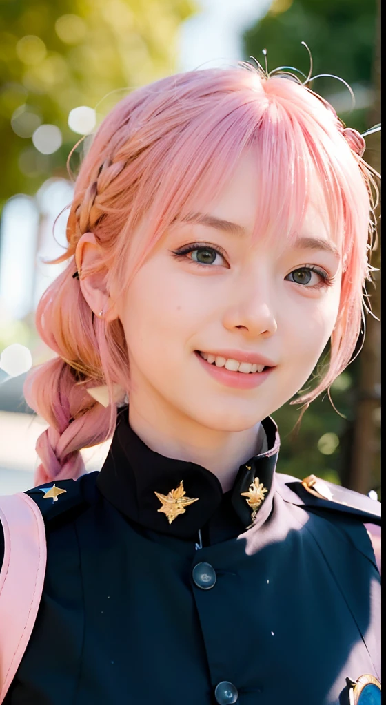 (ultra-detailliert), police uniform with、Blue eyes,The upper part of the body、full bodyesbian、faces、(A smile:1.5),(facing front:1.2), 20yr old, s girl,no tail,(no tail),2D, ​masterpiece, top-quality, animesque, A detailed eye, A detailed face, girl with, Only 1 person,Medium hair with pink hair, (Pink hair),  Ear Hair, small tits, Single braid, (Single braid), (Side braid), Background bokeh