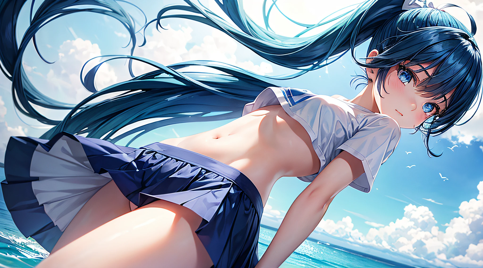 masterpiece, best quality, 1girl, solo, loli, child, blue hair, ponytail hair, blue eyes, white theme, blue theme, white T-shirt, short skirt, medium breast, navel, sky, sunlight, ocean, standing,