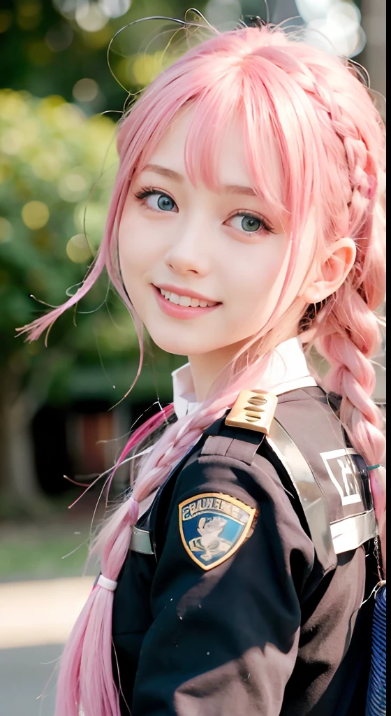 (ultra-detailliert), police uniform with、Blue eyes,The upper part of the body、full bodyesbian、faces、(A smile:1.5),(facing front:1.2), 20yr old, teens girl,no tail,(no tail),2D, masterpiece, top-quality, animesque, A detailed eye, A detailed face, girl with, Only 1 person,Medium hair with pink hair, (Pink hair), Ear Hair, small tits, Single braid, (Single braid), (Side braid), Background bokeh