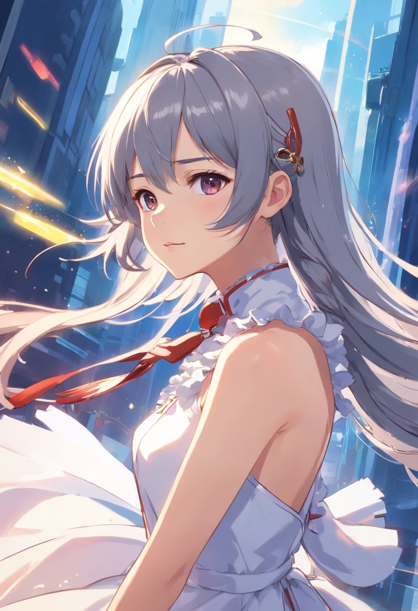 NINGGUANG, GREY HAIR, HAIR ORNAMENT, HAIRPIN, LONG HAIR, PARTED BANGS, SIDELOCKS, STREAKED HAIR, RED HAIR,
BARE SHOULDERS, BLACK GLOVES, CHINESE CLOTHES, CLAW RING, DETACHED SLEEVES, DRESS, ELBOW GLOVES, FRILLED SLEEVES, FRILLS, FUR COLLAR, GLOVES, JEWELRY, PELVIC CURTAIN, SLEEVELESS, SLEEVELESS DRESS, WHITE DRESS,