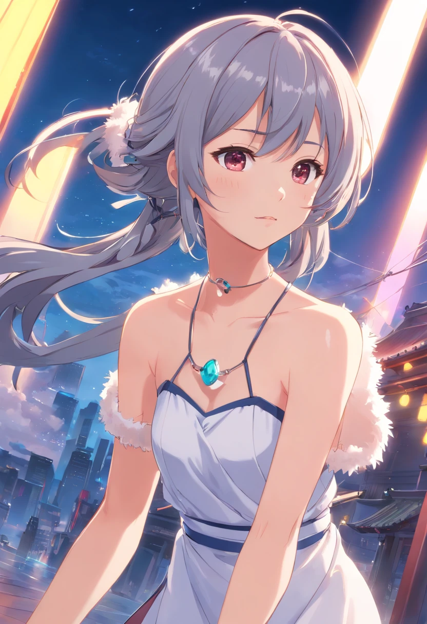 NINGGUANG, GREY HAIR, HAIR ORNAMENT, HAIRPIN, LONG HAIR, PARTED BANGS, SIDELOCKS, STREAKED HAIR, RED HAIR,
BARE SHOULDERS, BLACK GLOVES, CHINESE CLOTHES, CLAW RING, DETACHED SLEEVES, DRESS, ELBOW GLOVES, FRILLED SLEEVES, FRILLS, FUR COLLAR, GLOVES, JEWELRY, PELVIC CURTAIN, SLEEVELESS, SLEEVELESS DRESS, WHITE DRESS,