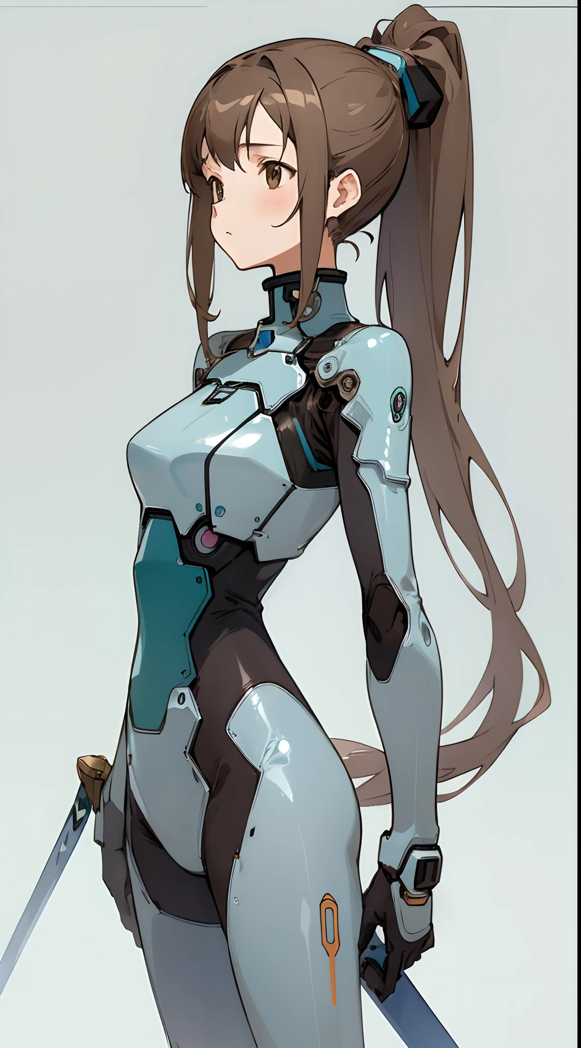 (masterpiece, best quality) detailed, 1Character , blue archive art style ,  pastel washed out colors , cell shade , soft, muted shades ,gentle colors ,

Wearing a mix of futuristic body suit and sword art online outfit. A beautiful mature woman , dark brown hair , extremely long hair , hair in a ponytail , brown eyes ,  age 41