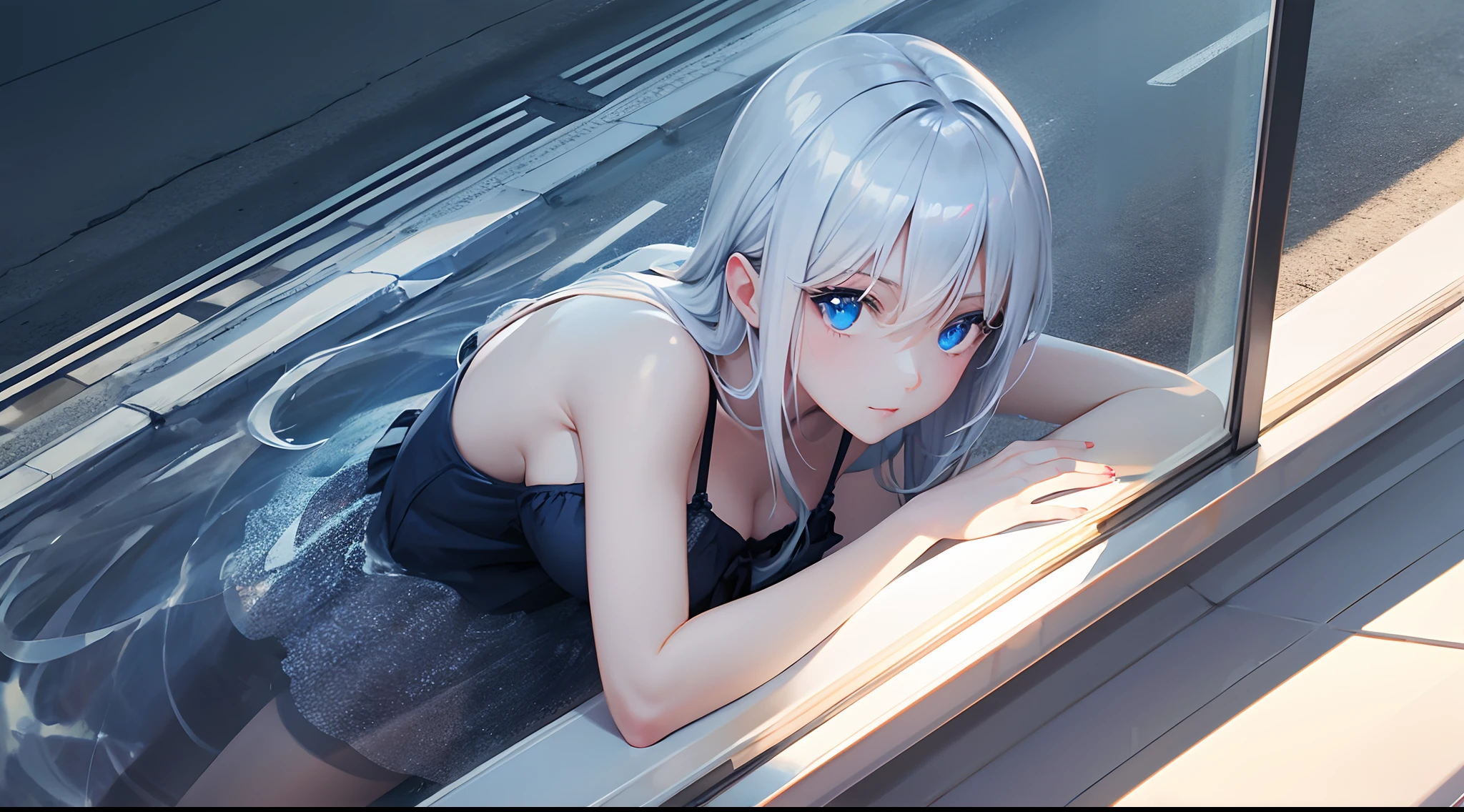Silver hair, From behind, Sitting, Ass, Gal, White bra, White side panties, (Dark skin:1.2), Medium tits,