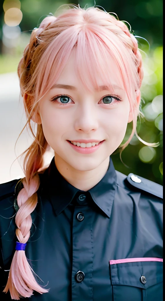(ultra-detailliert), police uniform with、Blue eyes,The upper part of the body、cowboy  shot、faces、(A smile:1.5),(facing front:1.2), sixteen years old, teens girl,no tail,(no tail),2D, ​masterpiece, top-quality, animesque, A detailed eye, A detailed face, girl with, Only 1 person,Medium hair with pink hair, (Pink hair),  Ear Hair, small tits, Single braid, (Single braid), (Side braid), Background bokeh