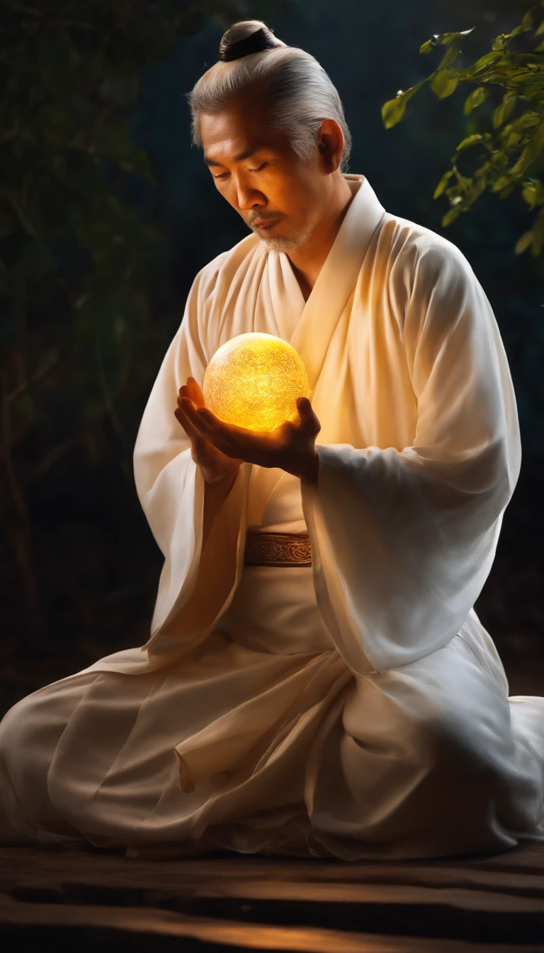Close-up of a 30-year-old middle-aged Asian man,Holding a glowing ball in your hand,Longas, whitish hair,Barba longasa,Cross-legged sitting meditation ignites the aura of magic around you,taoist master,taoist