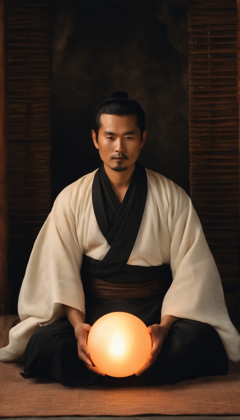 Close-up of a 30-year-old middle-aged Asian man,Holding a glowing ball in your hand,Longas, whitish hair,Barba longasa,Cross-legged sitting meditation ignites the aura of magic around you,taoist master,taoist