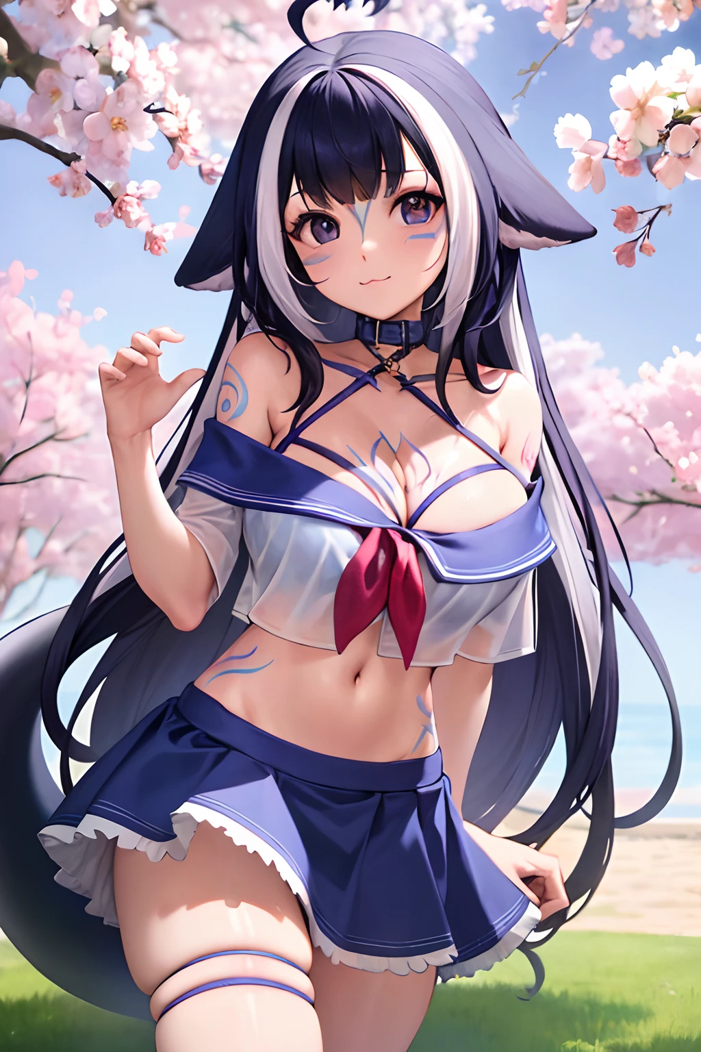 (masterpiece), (ultra-detailed), best quality, 8k, 1girl, solo, outdoors, park, city, cherry blossoms, shylilyfirst, :3, large breasts, cleavage, skirt, shirt, bikini, bikini under clothes, off-shoulder, see-through, see-through shirt, thigh strap, navel, sailor collar, school uniform, halterneck, criss-cross halter, facial mark, tattoo, cetacean tail,