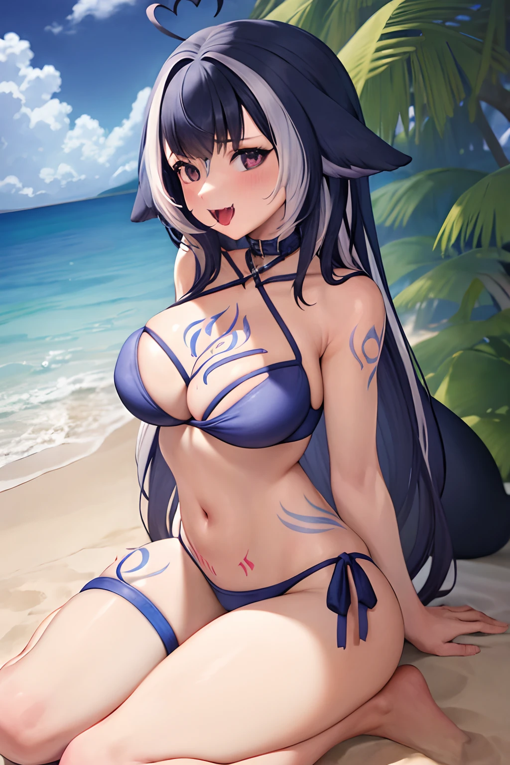 (masterpiece), (ultra-detailed), best quality, 8k, 1girl, solo, outdoors, beach, ocean, shylilybikini, :3, large breasts, cleavage, shirt, bikini, thigh strap, navel, halterneck, criss-cross halter, facial mark, tattoo, cetacean tail, sitting, thighs, open mouth, fangs, tongue out, tongue, bare arms, arms behind back, heart ahoge,