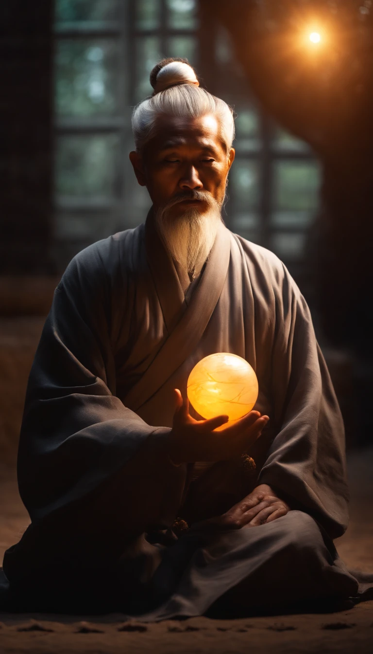 Close-up of a 30-year-old middle-aged Asian man，Holding a glowing ball in your hand,Longas, whitish hair，Barba longasa，Cross-legged sitting meditation ignites the aura of magic around you，taoist master,taoist