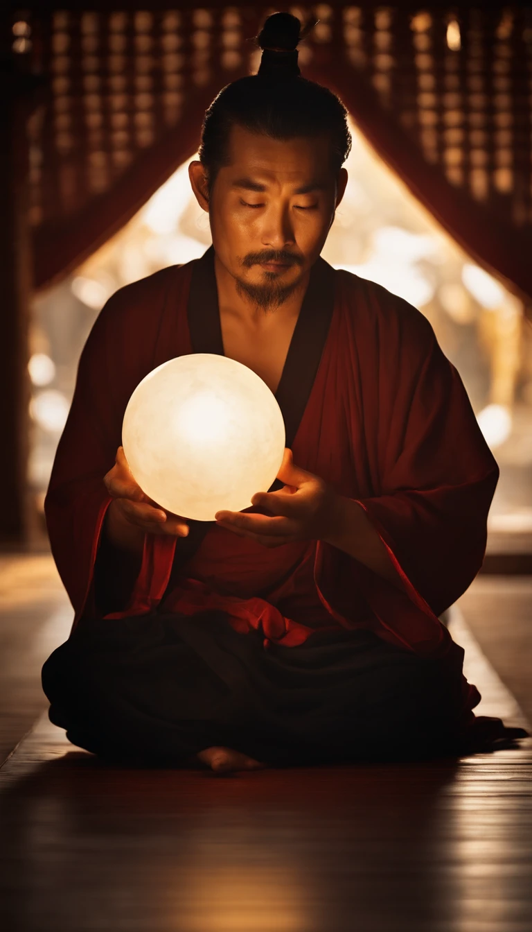 Close-up of a 30-year-old middle-aged Asian man，Holding a glowing ball in your hand,Longas, whitish hair，Barba longasa，Cross-legged sitting meditation ignites the aura of magic around you，taoist master,taoist