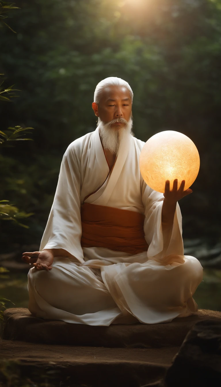 Close-up of a 30-year-old middle-aged Asian man，Holding a glowing ball in your hand,Longas, whitish hair，Barba longasa，Cross-legged sitting meditation ignites the aura of magic around you，taoist master,taoist