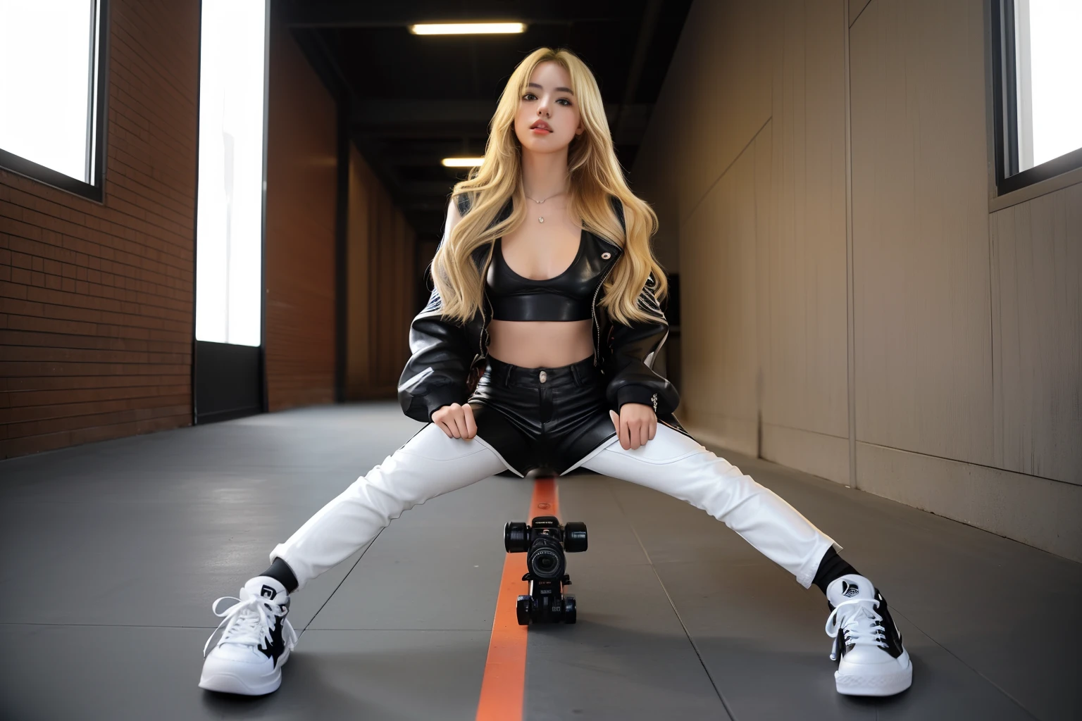 arafed girl sitting on a skateboard in a dark room, Athletic sexy princess, epic realistic, mid shot portrait, taken with canon eos 5 d mark iv, taken with canon 5d mk4, taken with a pentax k1000, woman in streetwear, cinematic outfit photo, she is wearing streetwear, portrait of billie eilish, promotional shot, taken with sony a7r camera, 1girl, (Brown Eyes), serious face, wide hips, boobs, big ass, (Best Quality, 8k, Masterpiece: 1.3), Clear Focus: 1.2, Perfect Body Beauty: 1.4, Slender Abs: 1.2, Highly detailed face and skin texture, detailed eyes, double eyelids, (blonde long hair), (black leather pants), (high white converse sneakers), so sexy, ((((hdr)))), (medium|tiny breasts:1.4)