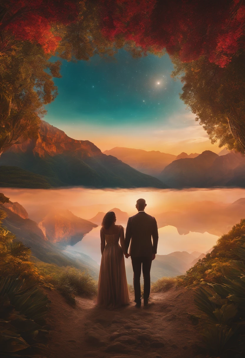 Woman and man co existing, color graded, color corrected, spiritual, holy, sacred, intricarely detailed, 8K, trippy, maximalist, duality, shades