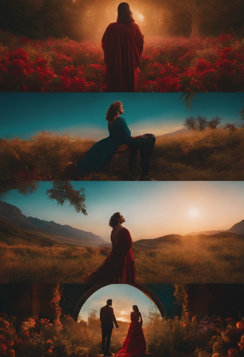 Woman and man co existing, color graded, color corrected, spiritual, holy, sacred, intricarely detailed, 8K, trippy, maximalist, duality, shades