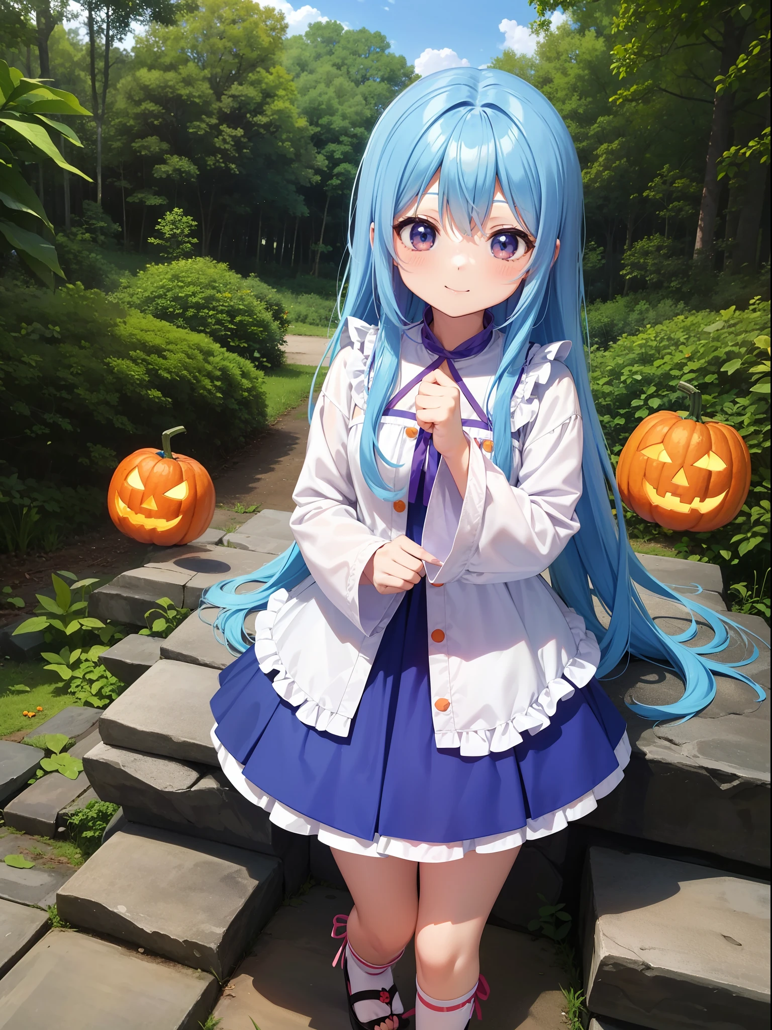 Chibichara　in woods　Pumpkin Lantern　Halloween　long hair with blue hair((Chibi Chara))、Twin-tailed、A charming smile、Fluffy、girl with、Chibi Chara、Large in the center、Friends of the Forest、full body Esbian、Pastel colors hair、masutepiece、top-quality、(a picture　Refreshing blue sky)