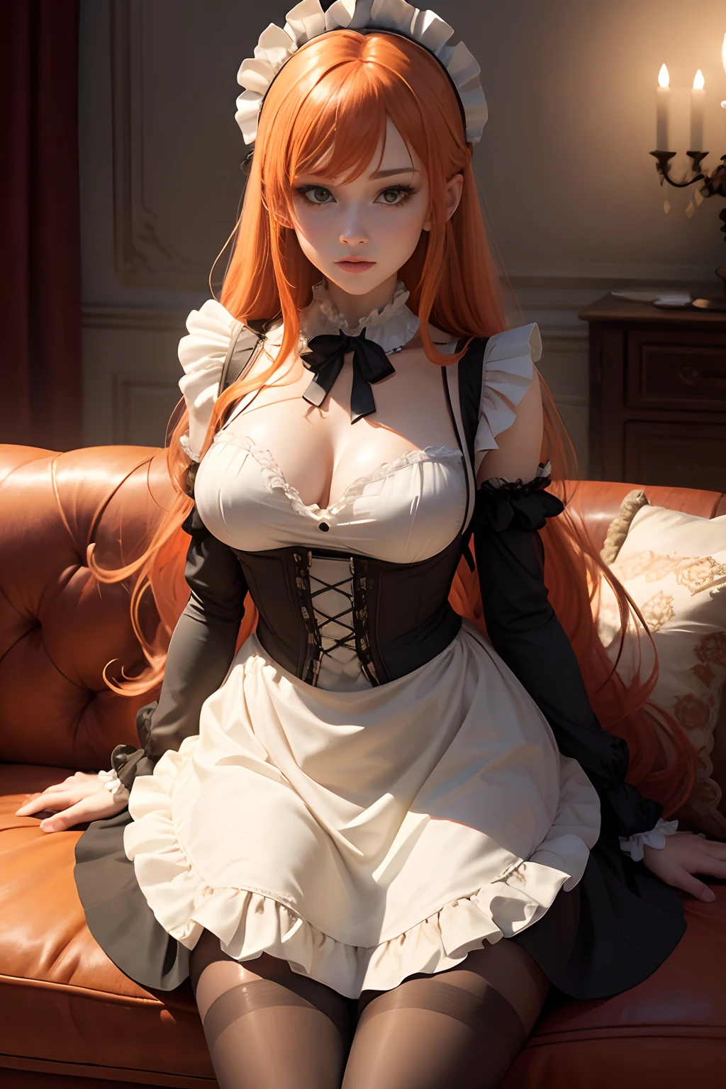 /draw apron orange_hair green_eyes breasts breasts_out couch dress female frills gloves highres koruse large_breasts long_hair looking_at_viewer lying maid maid_apron maid_headdress no_panties original solo gloves pantyhose HD UHD HQ